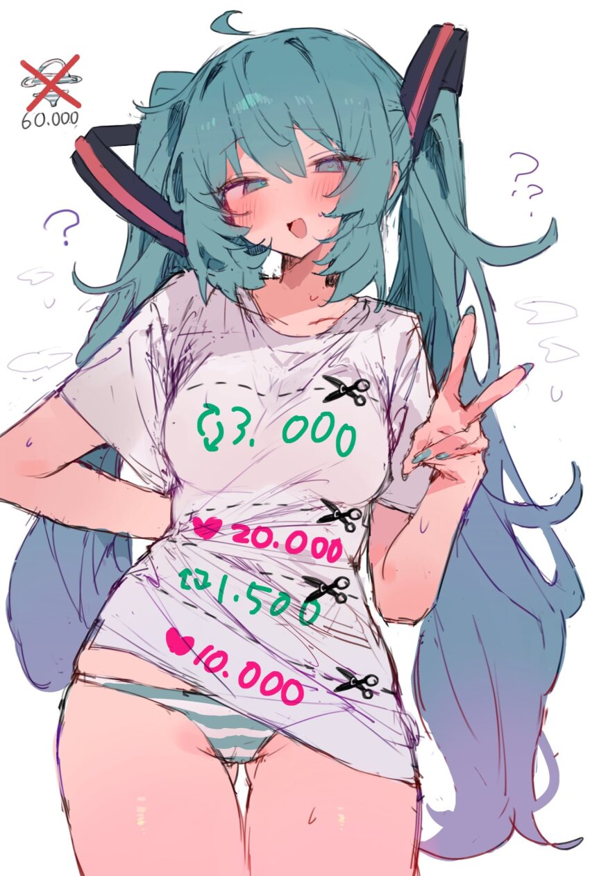 ?, ??, 1girl, ahoge, aqua eyes, aqua hair, aqua nails, arm behind back, ass visible through thighs, blue eyes, blue hair, blue nails, blue panties, blush, breasts, bunchi, clothes writing, cowboy shot, double-parted bangs, fingernails, gluteal fold, hair between eyes, hand up, hatsune miku, highres, long hair, looking at viewer, medium breasts, meme, nail polish, no pants, open mouth, panties, shirt, short sleeves, simple background, sketch, smile, solo, striped, striped clothes, striped panties, sweat, t-shirt, thighs, twintails, twitter cutting game, underwear, v, very long hair, vocaloid, white background, white shirt
