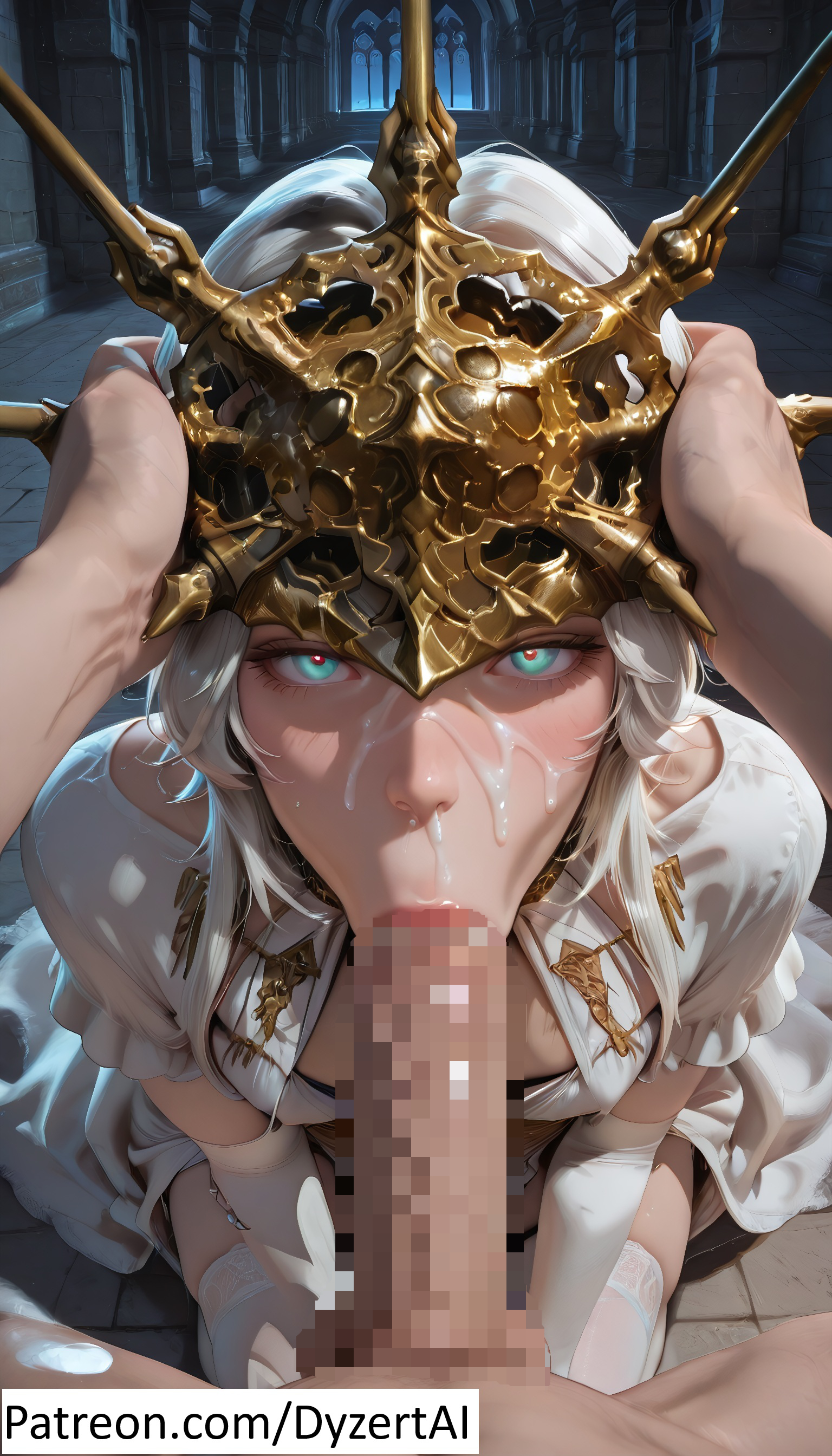 ai generated, blue eyes, cum, cum in mouth, cum on face, dark souls, dark sun gwyndolin, dyzertai, fellatio, fellatio pov, femboy, flat chest, gold jewelry, gwyndolin, mask, masked, night, pov, white dress, white hair