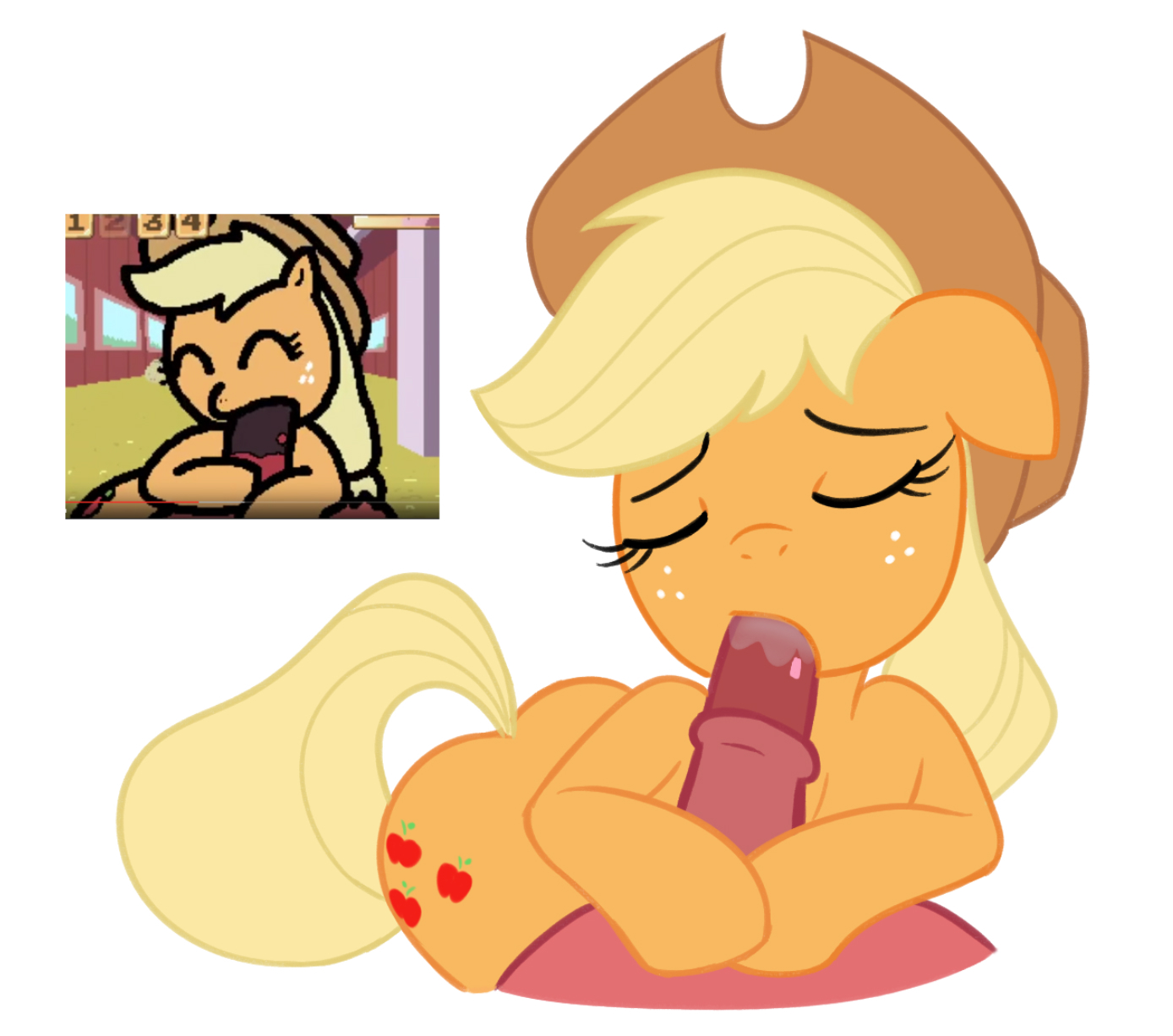 1girls, accurate art style, applejack (mlp), banned from equestria, big brian, equine, fellatio, female, male, mukoarto, my little pony, my little pony friendship is magic, penis, straight