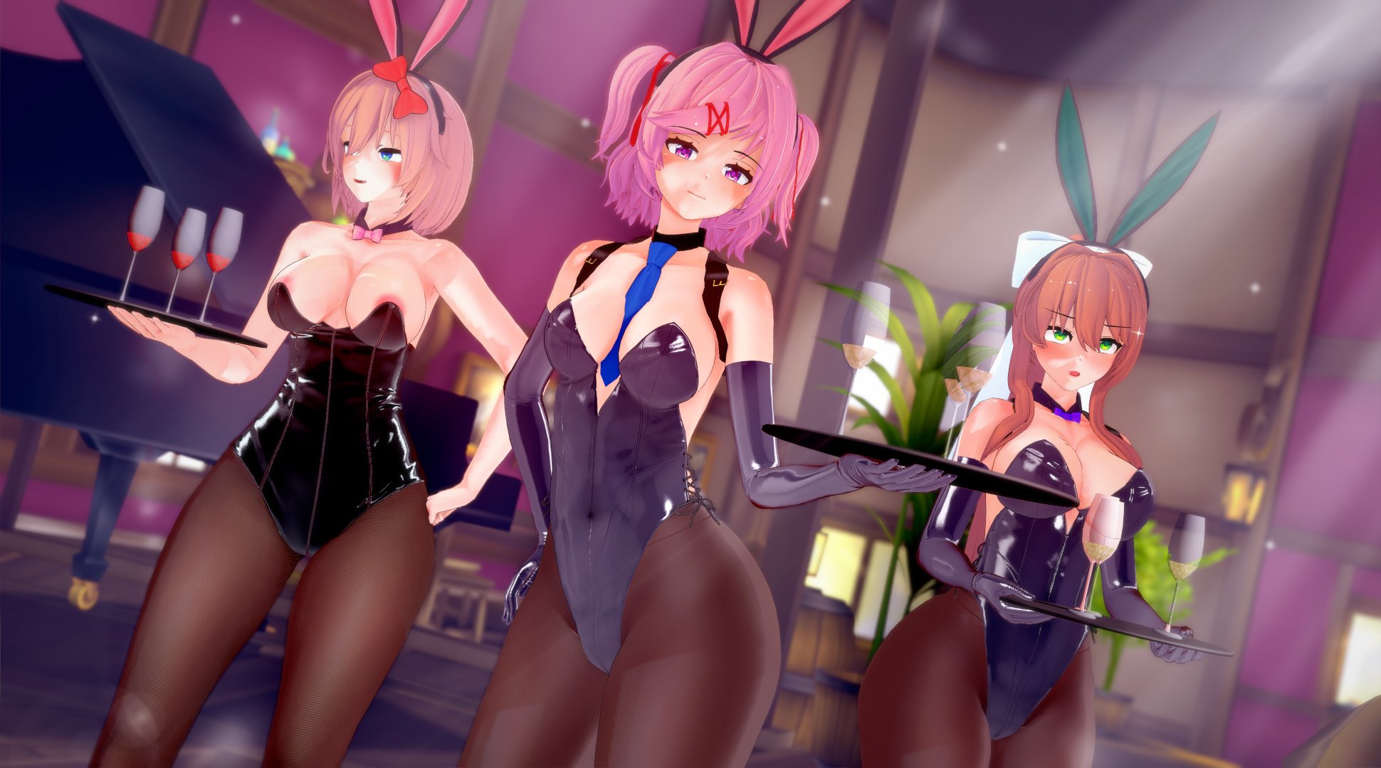 3d, 3girls, bunny ears, bunny girl, bunnysuit, doki doki literature club, female, female only, mashirosolera, monika (doki doki literature club), multiple girls, natsuki (doki doki literature club), pantyhose, sayori (doki doki literature club), strip club