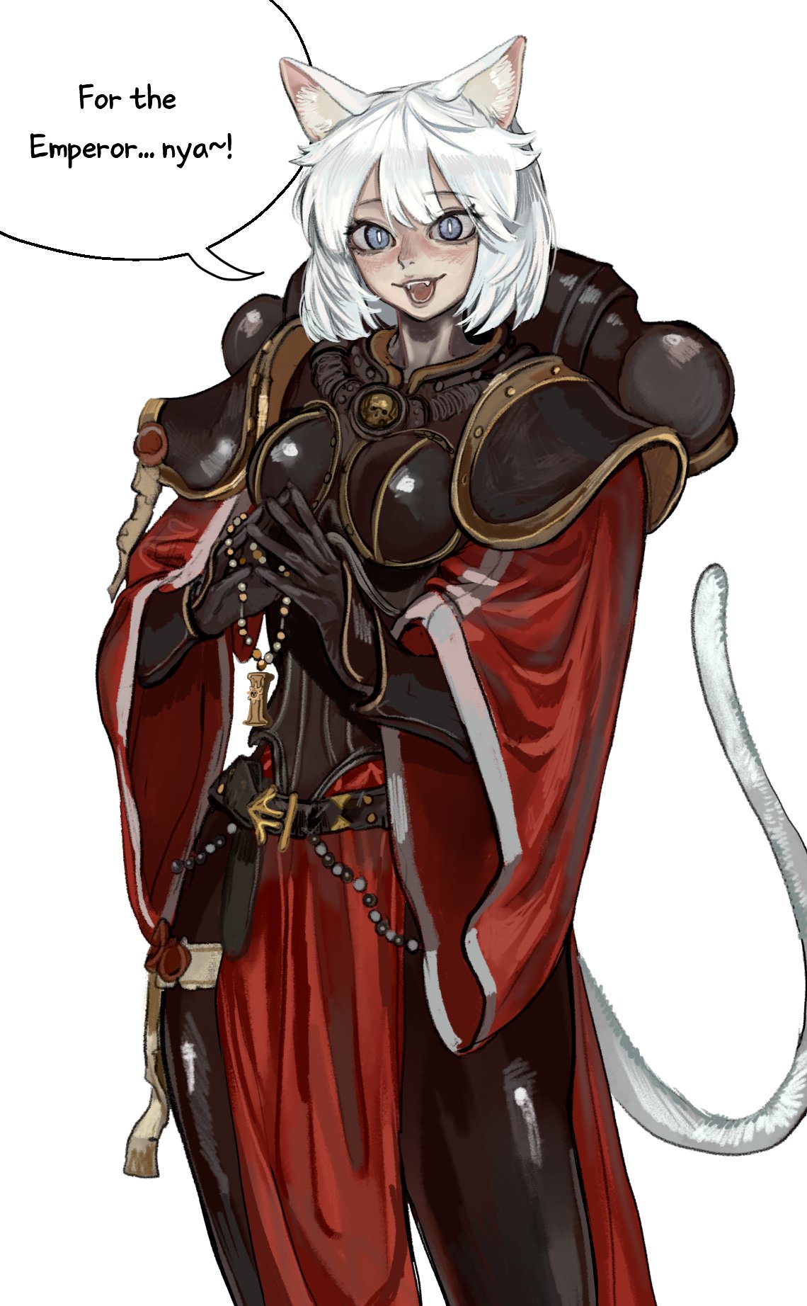 101ho, 1girls, armor, armored female, blue eyes, cat ears, cat girl, cat tail, catgirl, comic, fangs, felinid, felinid sisters comic (101ho), female, pale skin, pale-skinned female, short hair, sister of battle, text, warhammer (franchise), warhammer 40k, white body, white fur, white hair, white skin