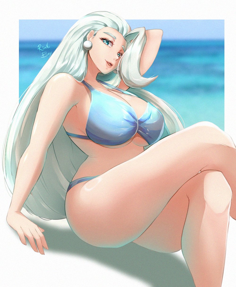 1girls, arm behind head, beach, big breasts, bikini, bikini bottom, bikini top, blue bikini, blue eyes, bottomwear, breasts, cleavage, crossed legs, ear piercing, earrings, female, female only, game freak, hair, huge breasts, legs crossed, long hair, mature, mature female, mature woman, melony (pokemon), milf, mother, pokemon, pokemon ss, rinku bny, solo, solo female, swimwear, thighs, topwear, white hair