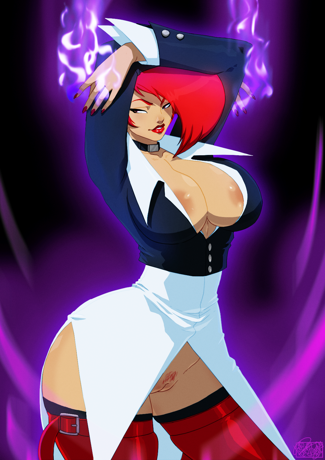 breasts, canon genderswap, clothes, collar, color, female, female only, front view, hair, hair over one eye, human, iori yagami, king of fighters, miss x, navel piercing, open eyes, piercing, purple eyes, red hair, round ears, rule 63, short hair, snk, snk heroines: tag team frenzy, solo, tovio rogers, white background