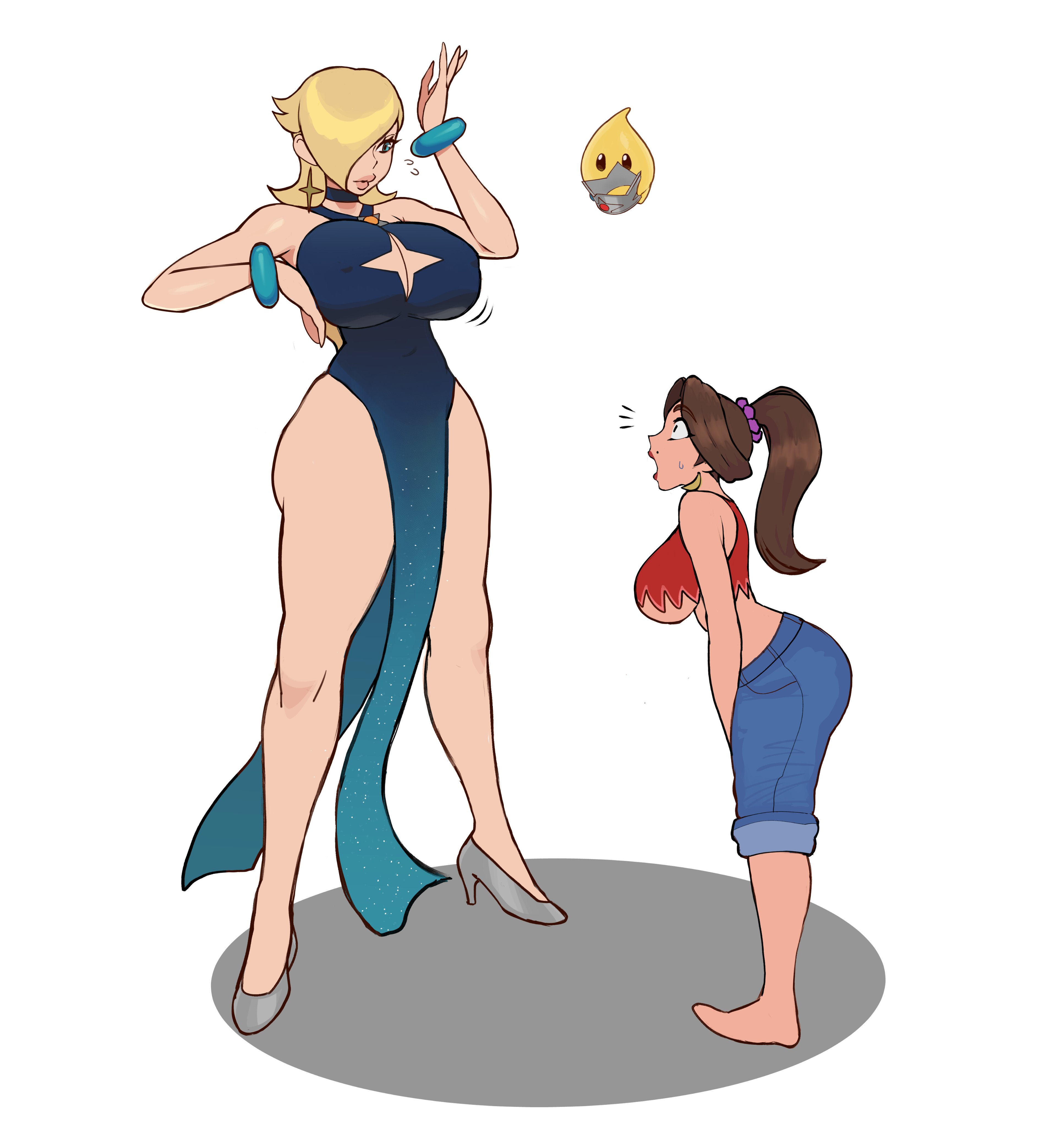 2girls, 2knsfw1, boob window, breasts, donkey kong (series), donkey kong bananza, female, female only, fully clothed, height difference, long dress, luma, mario (series), nintendo, pauline, princess, princess rosalina, shocked expression, starry night dress (sarukaiwolf), super mario galaxy