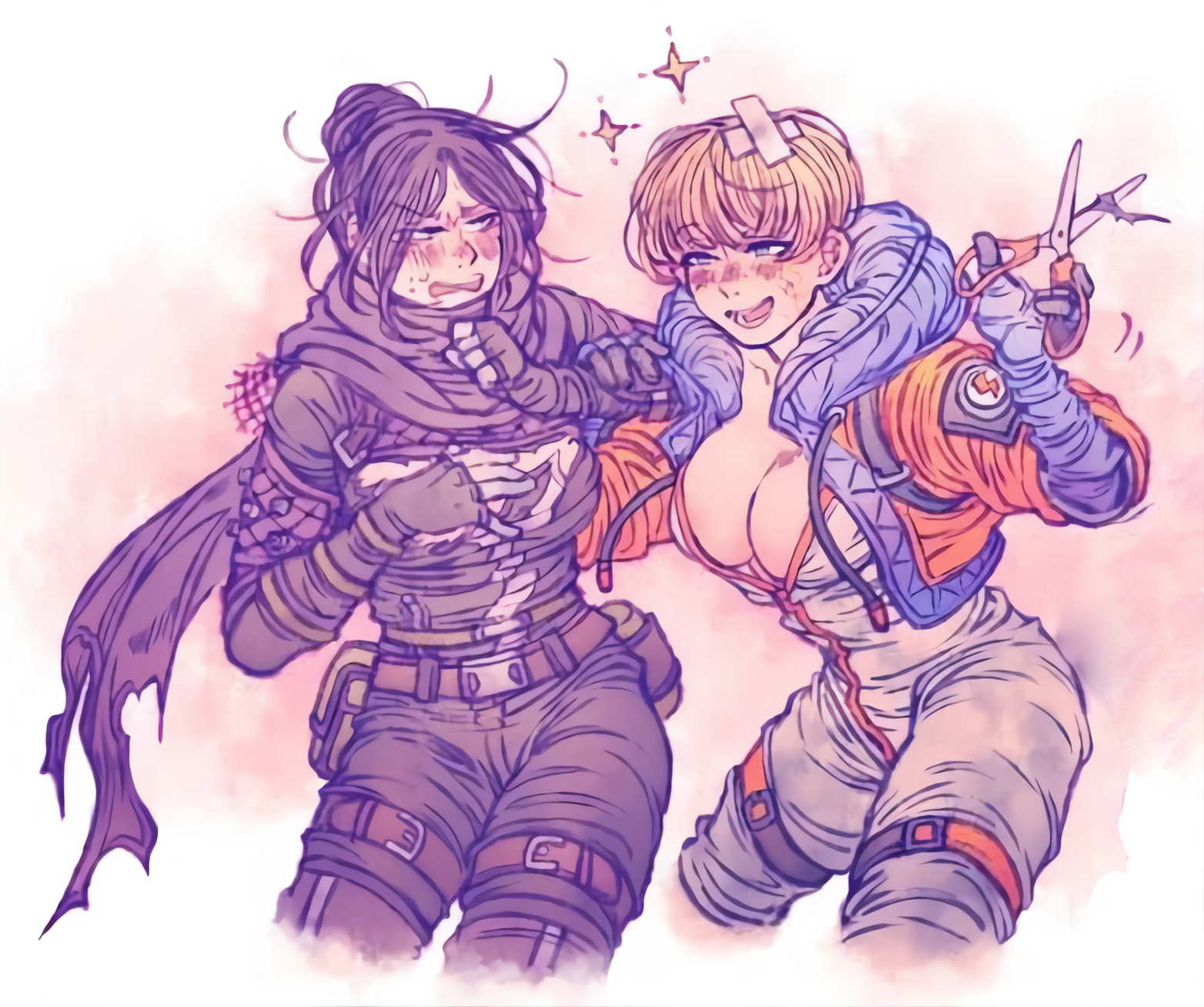 2d, angry, apex legends, big breasts, blush, blush lines, breast squeeze, breast squish, breasts, breasts out, bursting breasts, bursting clothes, female, hair bun, hd mmk, looking at another, simple background, tight clothes, tight clothing, tights, unknown artist, wardrobe malfunction, wattson (apex legends), wraith (apex legends)