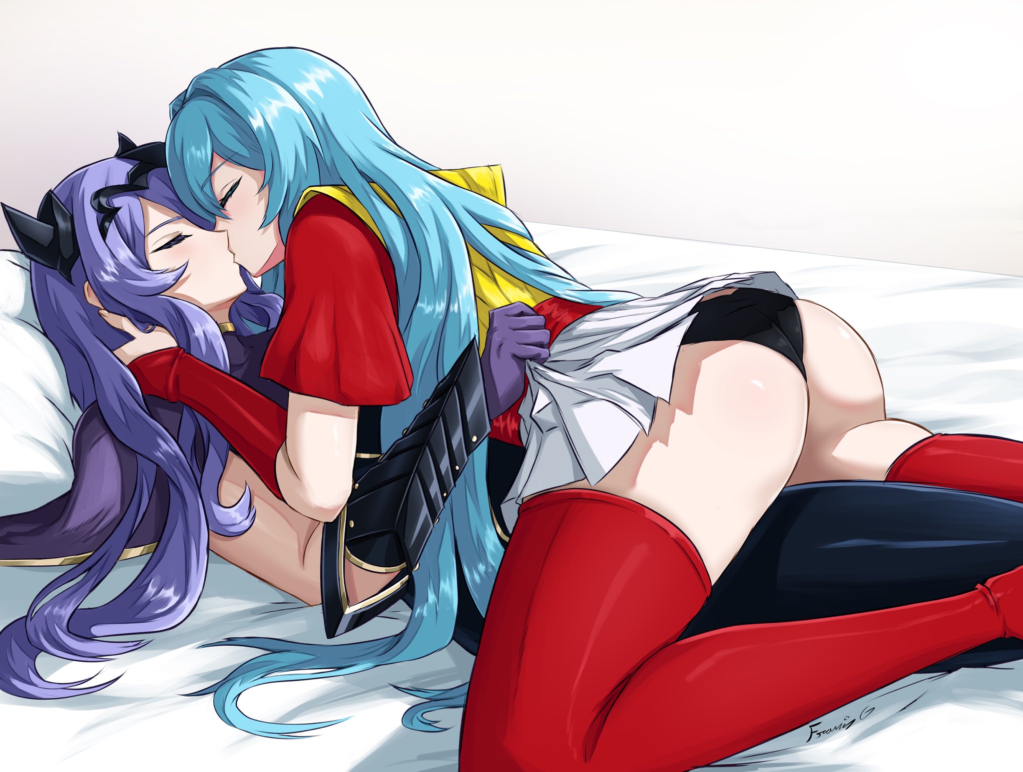 2girls, armor, bed, blue hair, camilla (fire emblem), commission, crackship, crown, eirika (fire emblem), female, female on female, female only, female/female, fgsketch, fire emblem, fire emblem fates, fire emblem heroes, fire emblem: the sacred stones, gloves, lesbian kiss, long boots, panties, purple hair, ship, skirt, skirt lift, sky blue hair, yuri
