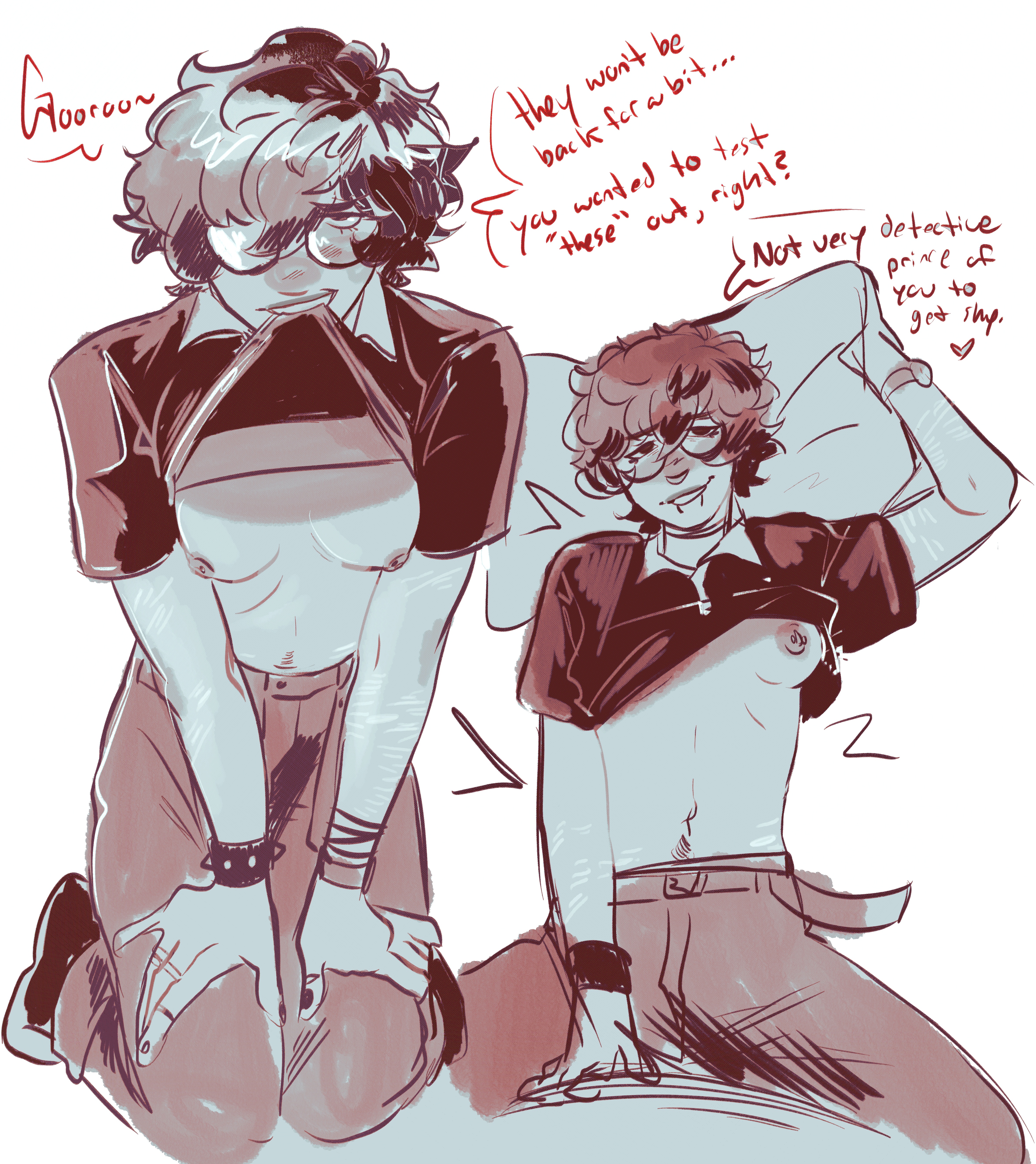 akira kurusu, breasts, female, joker (persona), lifting shirt, liveleaksakc, nipple piercings, partially clothed, persona 5, persona 5 royal, ren amamiya, self harm scars, transmasc