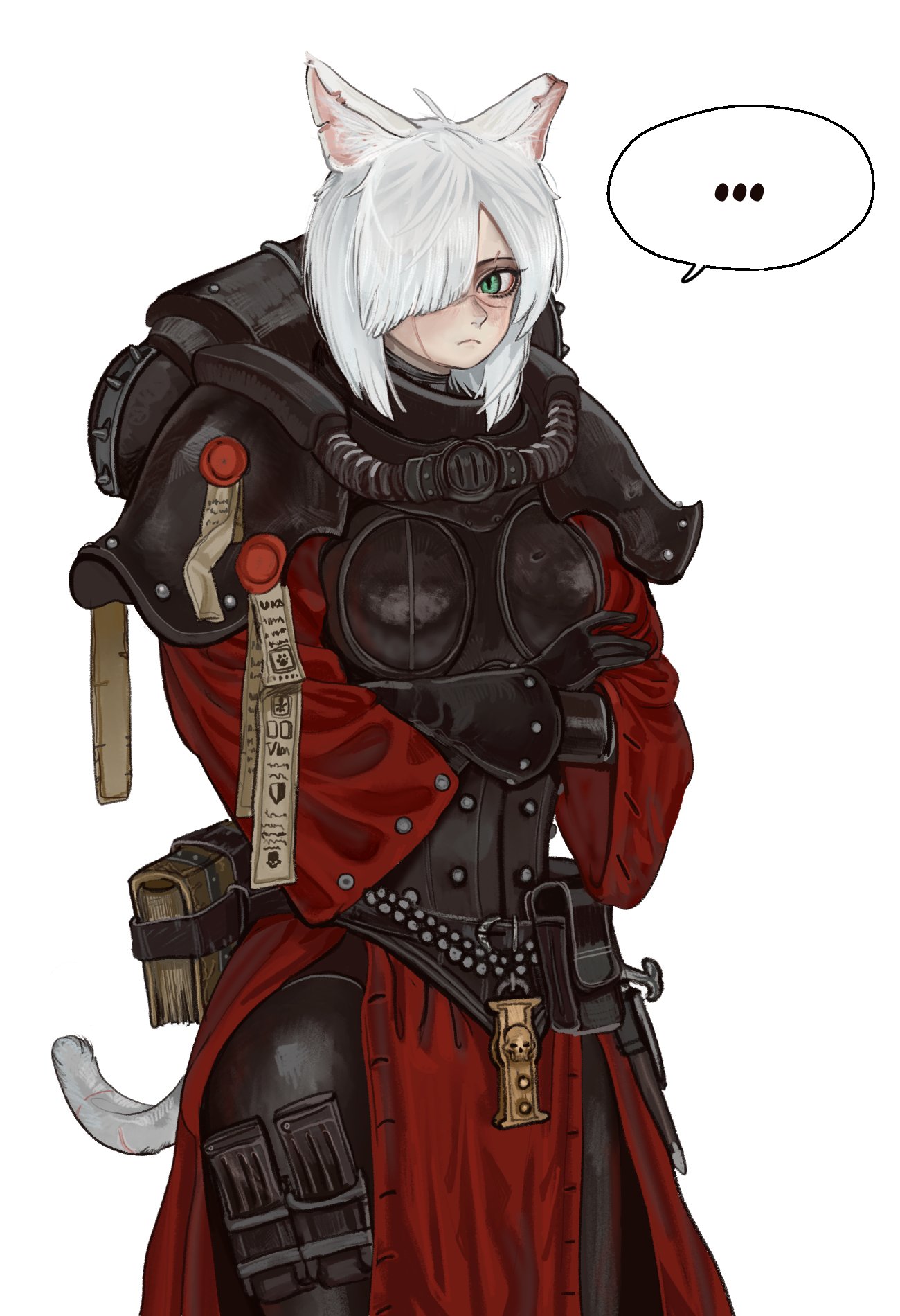 101ho, 1girls, armor, armored female, cat ears, cat girl, cat tail, catgirl, comic, fangs, felinid, felinid sisters comic (101ho), female, green eyes, pale skin, pale-skinned female, short hair, sister of battle, text, warhammer (franchise), warhammer 40k, white body, white fur, white hair, white skin
