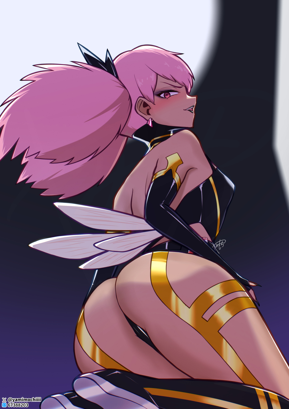 1girls, alternate color scheme, alternate costume, ass, ass focus, bare shoulders, bee costume, bee girl, bee pop, black lipstick, black nail polish, blush, corruption, dark skin, earrings, evil smile, eyeshadow, female, female focus, female only, fingerless gloves, gloves, haneyama kazuho, happy trance, jewelry, kazuho haneyama, kuin hachisuka, lipstick, looking at viewer, looking back, makeup, my hero academia, nail polish, opera gloves, pink hair, pop step, possession, sitting, smile, vigilante: my hero academia illegals, wings, yamimochi