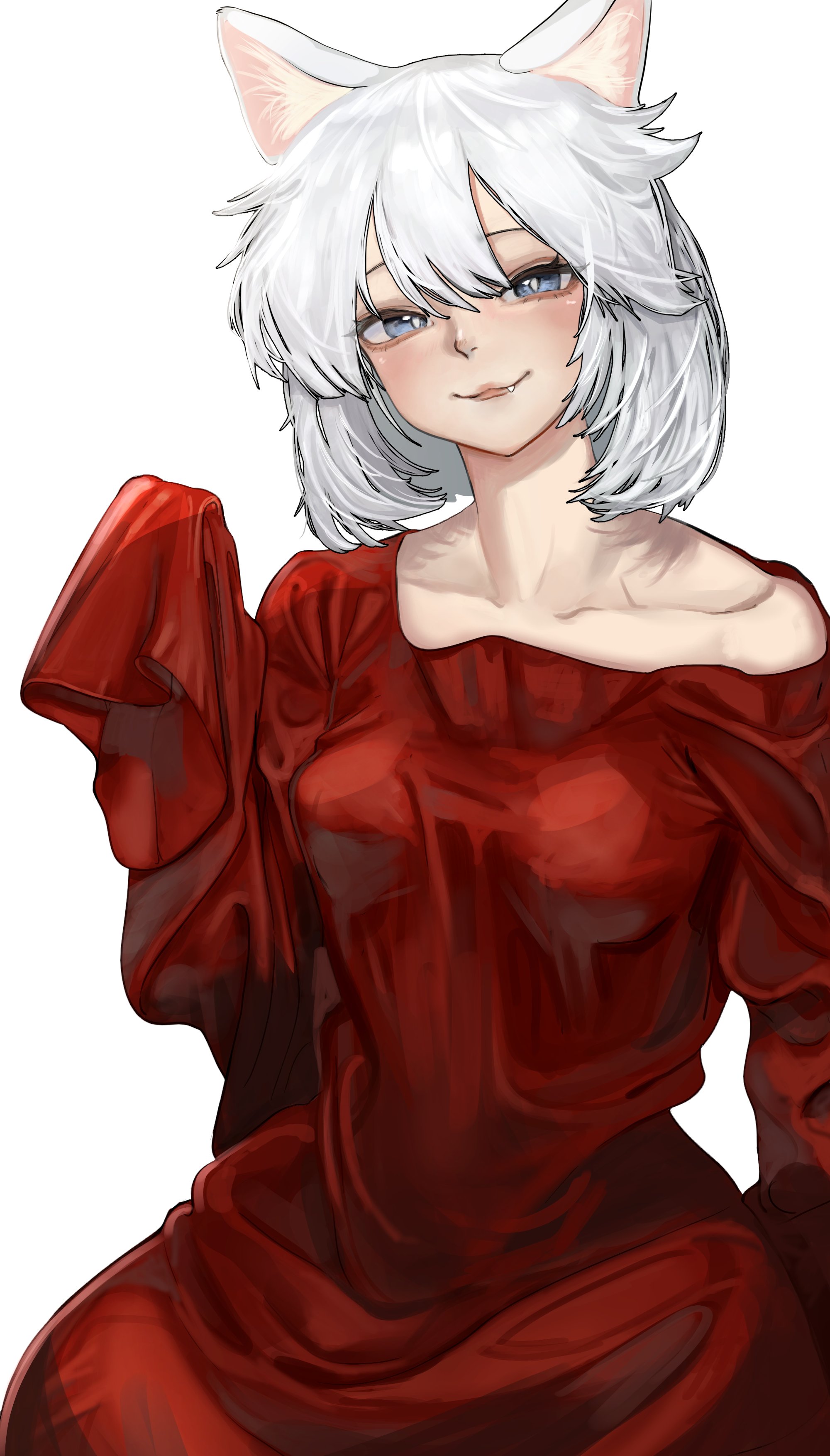 101ho, 1girls, blue eyes, breasts, cat ears, cat girl, cat tail, catgirl, comic, fangs, felinid, felinid sisters comic (101ho), female, medium breasts, pale skin, pale-skinned female, shirt, shirt only, short hair, sister of battle, text, warhammer (franchise), warhammer 40k, white body, white fur, white hair, white skin