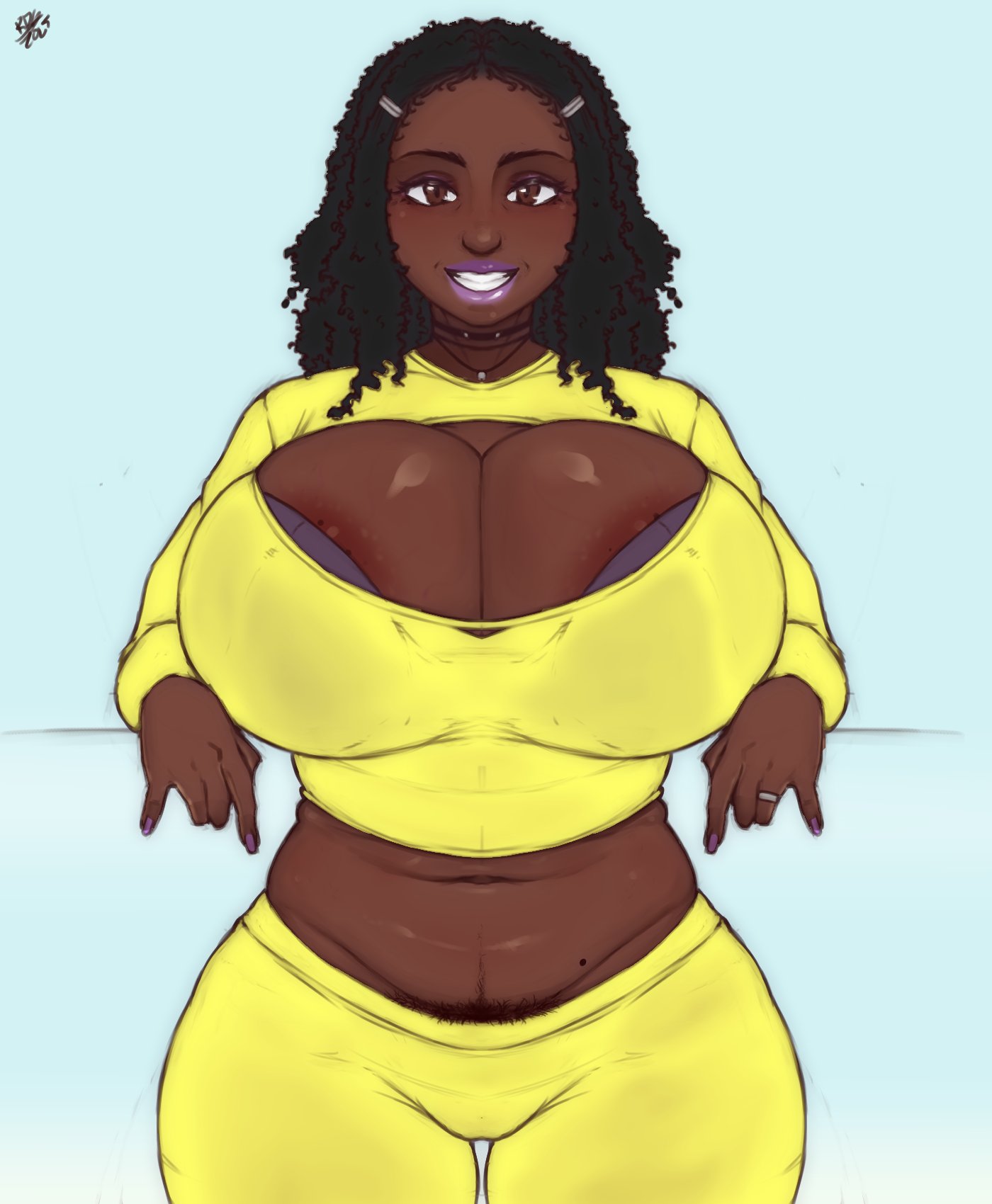 1girls, areola slip, black hair, breasts, brown eyes, cleavage, dark skin, dark-skinned female, female, female only, grin, grinning at viewer, hi res, huge breasts, looking at viewer, mole, pubic hair peek, purple lipstick, randomboobguy, smiling, smiling at viewer, solo, thick thighs