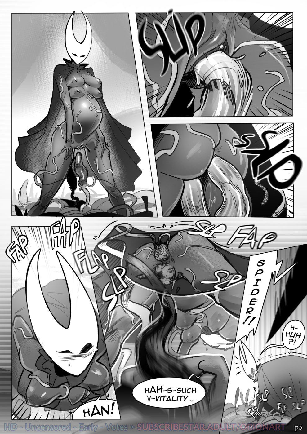 belly bulge, body modification, corruption, double penetration, female, hollow knight, hornet (hollow knight), impregnation, orionart, pussy, silksong, squatting, tentacle, tentacles in pussy