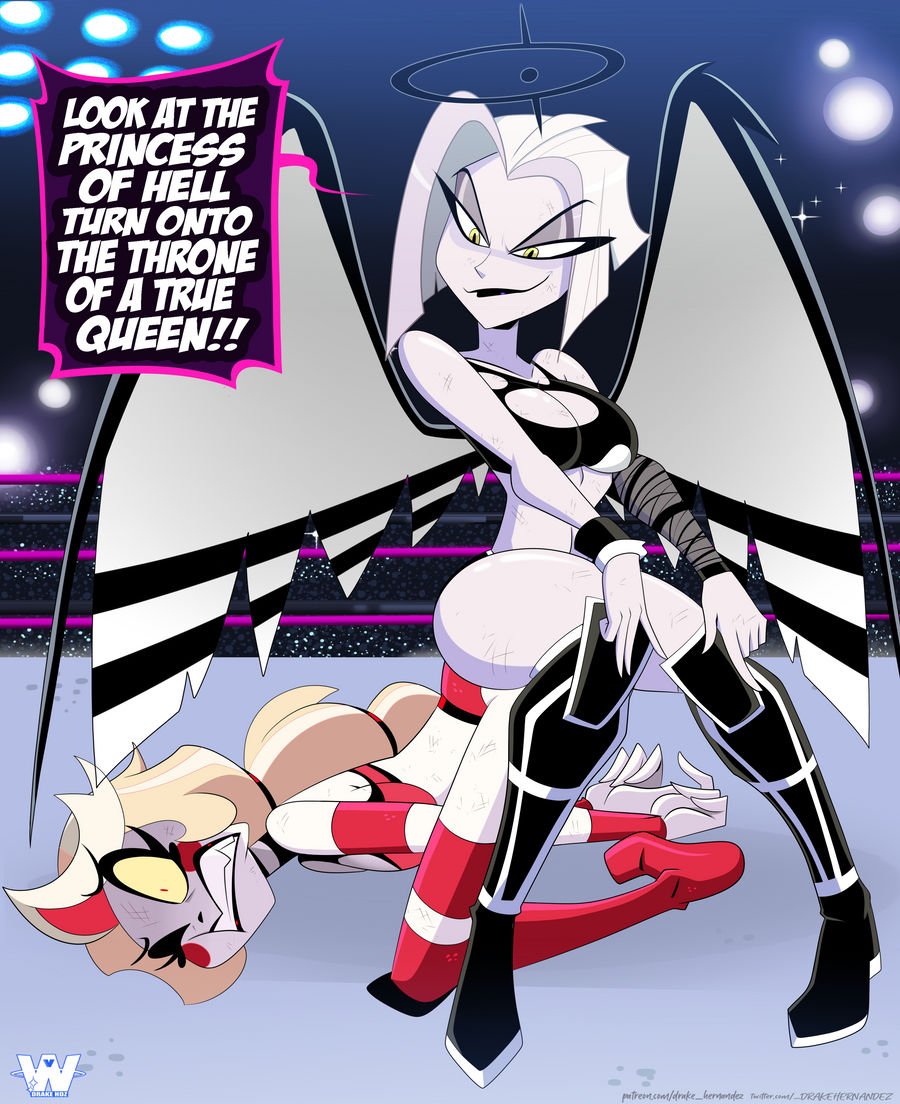 2girls, catfight, charlie morningstar (hazbin hotel), drakehernandez, female, great dude, great-dude, hazbin hotel, lute (hazbin hotel), sitting on person, used as a chair, used as an object, wrestler, wrestling, wrestling outfit, wrestling ring, yuri