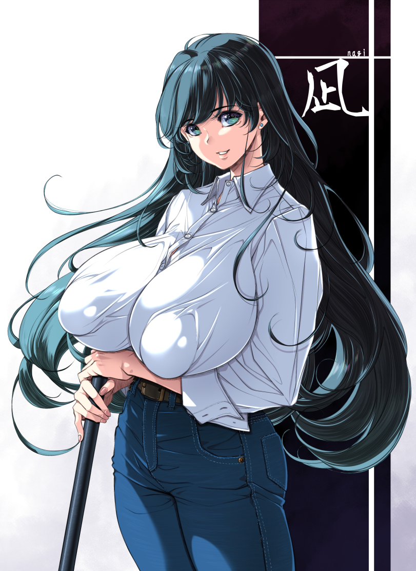1girls, 2025, 2d, 2d (artwork), alternate breast size, arato nagi, areola, areola bulge, areolae, areolae visible through clothing, ass, belt, big areola, big breasts, big nipples, black hair, blue eyes, breast focus, breasts, button down shirt, buttons, clothed, clothed female, clothes, collared shirt, curvy, curvy figure, denim, digital media (artwork), earrings, eyebrows, eyelashes, female, fingernails, front view, fully clothed, huge areolae, huge breasts, huge nipples, impossible clothes, japanese text, jeans, kantori, large areolae, large breasts, large nipples, light-skinned female, long hair, looking at viewer, nipple bulge, nipple outline, nipples, nipples visible through clothing, open mouth, painted nails, pants, puffy areola, puffy nipples, ruri no houseki, sagging breasts, shirt, simple background, skin tight, smile, smiling at viewer, solo, solo female, solo focus, taut clothes, text, tight clothing, undersized clothes, voluptuous, voluptuous female, white shirt
