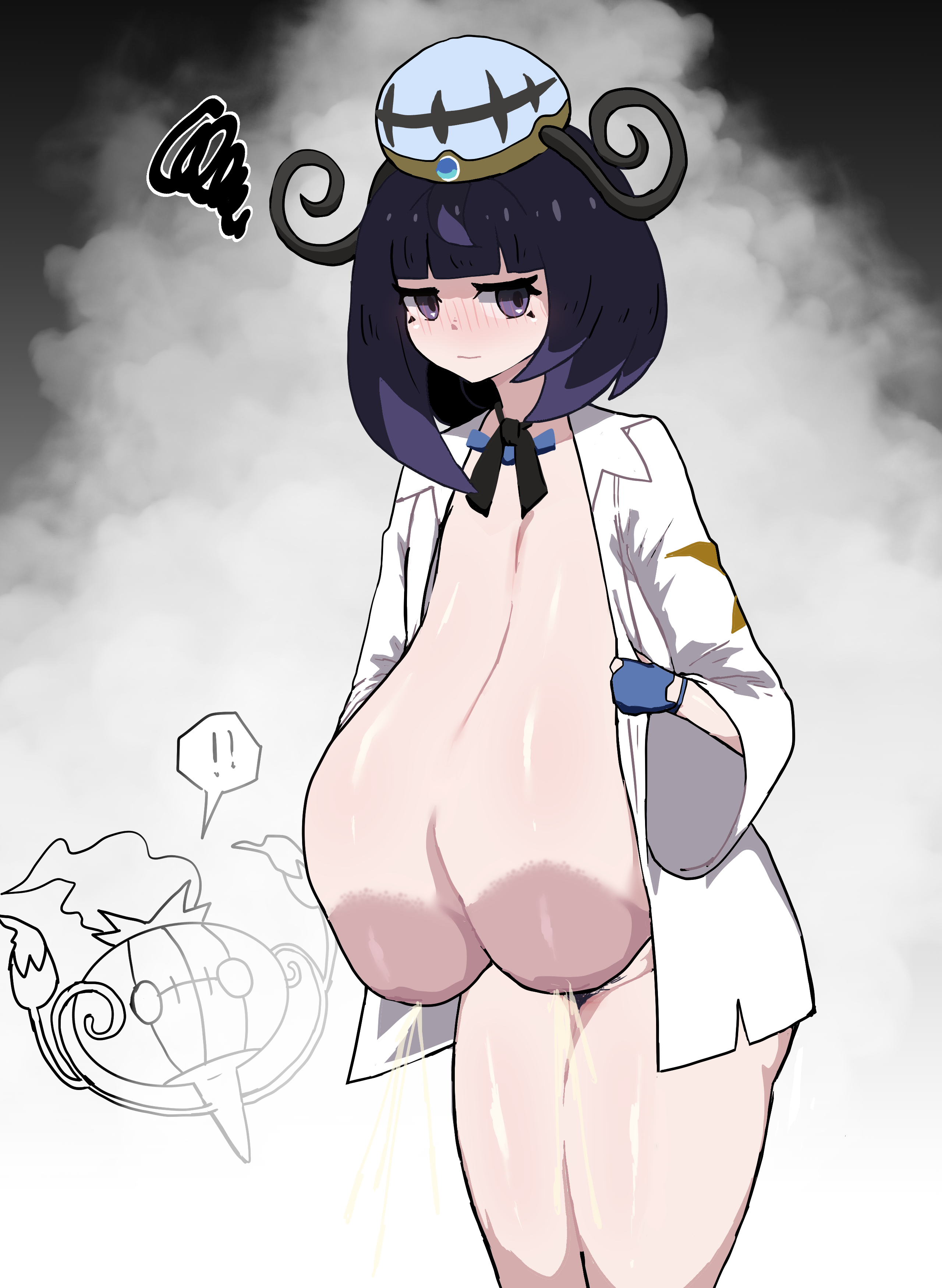 1girls, ahoge, alternate breast size, ass, big areola, big areolae, big areolas, big ass, big breasts, big butt, blush, breast milk, breasts, breasts out, butt, censored, cham tree, chamtree, chandela, chandelure, coat only, dark areola, dark areolae, dark areolas, female, female focus, female only, fingerless gloves, gigantic breasts, gloves, grey background, gwynn (pokemon), hat, huge areola, huge areolae, huge areolas, huge breasts, inverted nipples, lactating, lactating nipples, lactation, lactation without expressing, lactation without stimulation, large areola, large areolae, large areolas, looking away, massive breasts, milk, milk squirt, muku (pokemon), naked, nipples, nude, oaktree, pokemon, pokemon (species), pokemon legends: z-a, pubic hair, purple eyes, purple hair, sagging, sagging boobs, sagging breasts, saggy, saggy boobs, saggy breasts, short hair, simple background, solo, solo female, solo focus, thick thighs, thighs