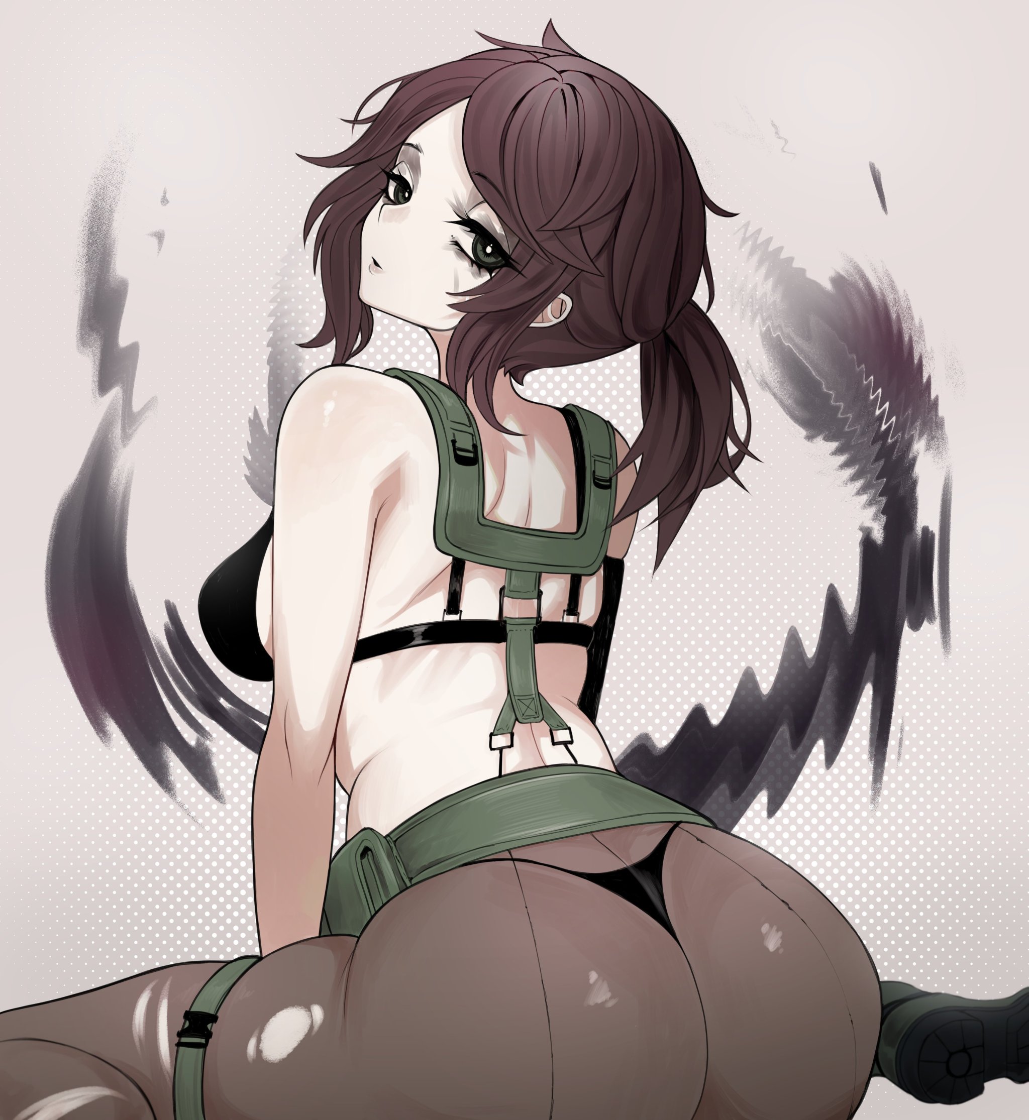 1girls, ass, ass focus, big ass, black bra, boots, female, female only, harness, lerimar, looking at viewer, looking back, metal gear solid, metal gear solid v, military, military uniform, panties, ponytail, quiet (metal gear), see-through clothing, skin tight, tactical, tactical gear, tactical nudity, transparent latex