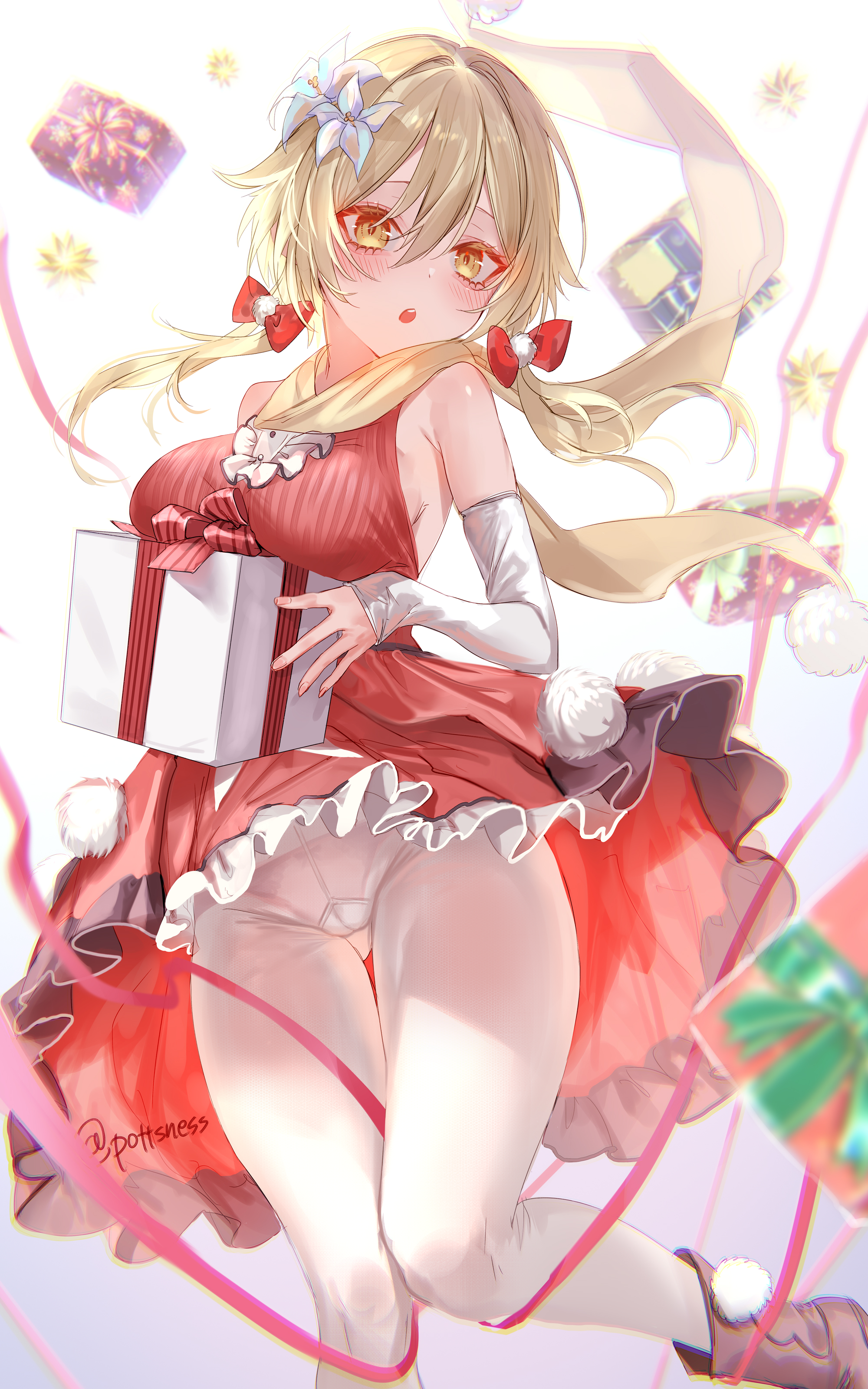 1girls, blonde hair, christmas, female, genshin impact, lumine (genshin impact), panties under pantyhose, pantyhose, pottsness, present, white legwear, yellow eyes