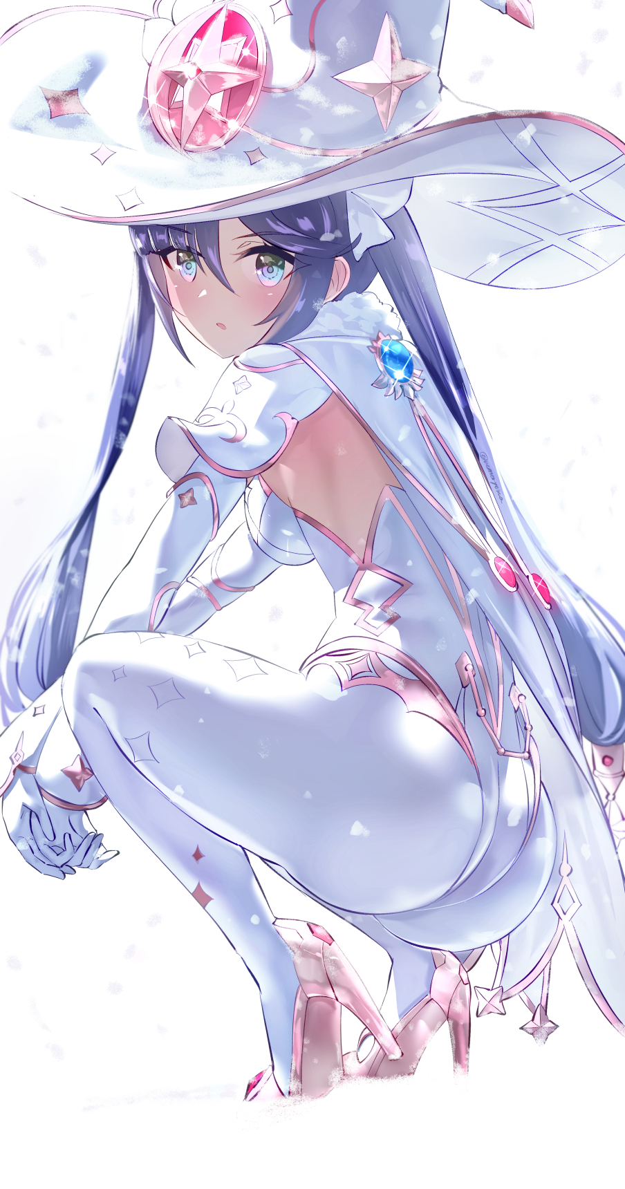 :o, 1girls, 2021, alternate costume, ass, black hair, blue eyes, blush, breasts, christmas, female, female only, genshin impact, hair ornament, hat, heels, highleg leotard, large ass, large hat, leotard, long hair, looking at viewer, medium breasts, mona (genshin impact), open mouth, squatting, tights, twintails, uenoryoma, white leotard, witch hat