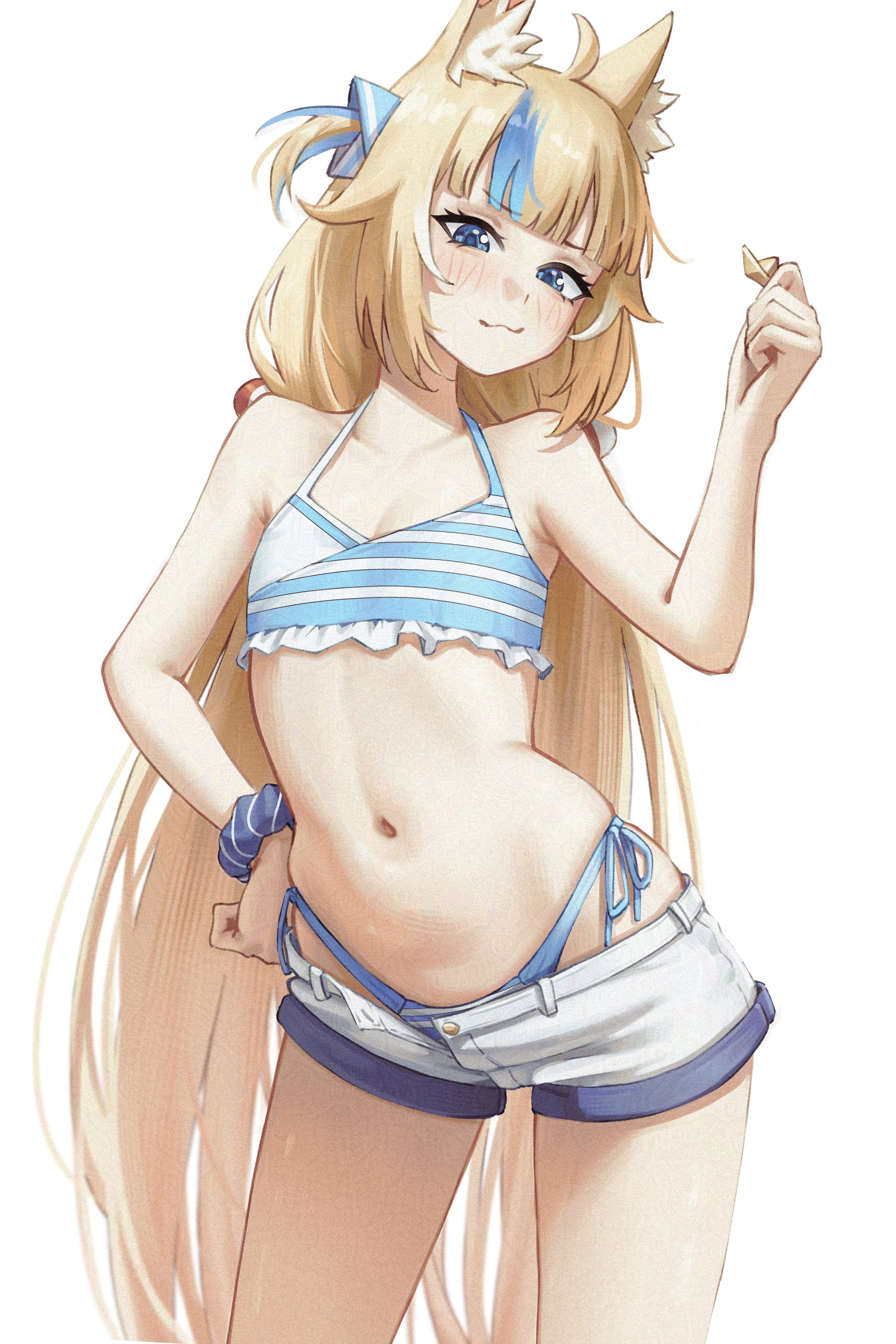absurd res, absurdres, ahoge, animal ear fluff, animal ears, armpit, armpit crease, armpits, bangs, belly button, big hips, bikini, bikini bottom, bikini thong, bikini top, blonde female, blonde hair, blonde hair female, blonde-haired female, blue bikini, blue eyes, blue hair, blue panties, blue swimsuit, blue-eyed female, blush, blush lines, blushing at viewer, blushing female, brat, breasts, cat ears, cat girl, catgirl, child bearing hips, clothed, clothed female, exposed midriff, exposed shoulders, exposed torso, eyebrows visible through hair, female, female focus, female only, female torso, fish, fish girl, flat chest, flat chested, fluffy, fluffy ears, grin, hands on hips, highleg, highleg panties, highres, huge hips, indie virtual youtuber, large hips, light skin, light-skinned female, long hair, looking down, multicolored hair, non-nude, open bottomwear, open clothes, open shorts, pale, pale skin, pale-skinned female, panties, paper, paper boat, petite, petite body, petite breasts, petite female, petite tits, ribbon, sameko saba, samukzz, short shorts, shorts, side-tie bikini, side-tie panties, simple background, skindentation, small boobs, small breasts, small tits, smile, smiling, smug, smug face, smug grin, solo, solo female, solo focus, striped, striped bikini, striped clothing, striped panties, stripes, swimsuit, swimsuit under clothes, thick thighs, thighs, thong, thong bikini, tummy, two tone hair, two-tone hair, unbuttoned, unbuttoned shorts, very long hair, virtual youtuber, vtuber, white background, wide hipped female, wide hips