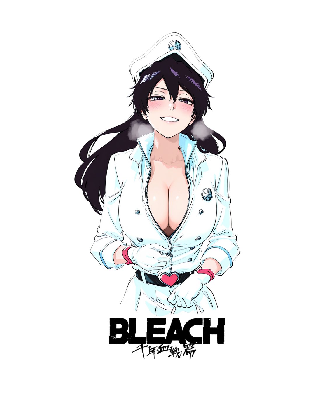 1girls, ai generated, animerch, badge, bambietta basterbine, belt, big breasts, black belt, black hair, bleach, bleach: the thousand-year blood war, blush, blush stickers, breasts, breath, cleavage, collarbone, cropped legs, deep cleavage, digital media (artwork), double-parted bangs, fanart, female, female focus, female only, gloves, grin, hair between eyes, half-closed eyes, hat, headwear, heart, heart buckle, high collar, jacket, large breasts, logo, long hair, long sleeves, looking at viewer, lowres, military hat, military jacket, military uniform, naughty face, no background, open jacket, peaked cap, purple hair, quincy (bleach), quincy bitch, seductive, shiny hair, simple background, sleeves rolled up, smile, smiling, solo, solo female, solo focus, sternritter, sternritter uniform, teasing, teeth, teeth showing, trenchcoat, uniform, unzipped, unzipping, upper body, wandenreich, wandenreich uniform, white background, white gloves, white headwear, white jacket