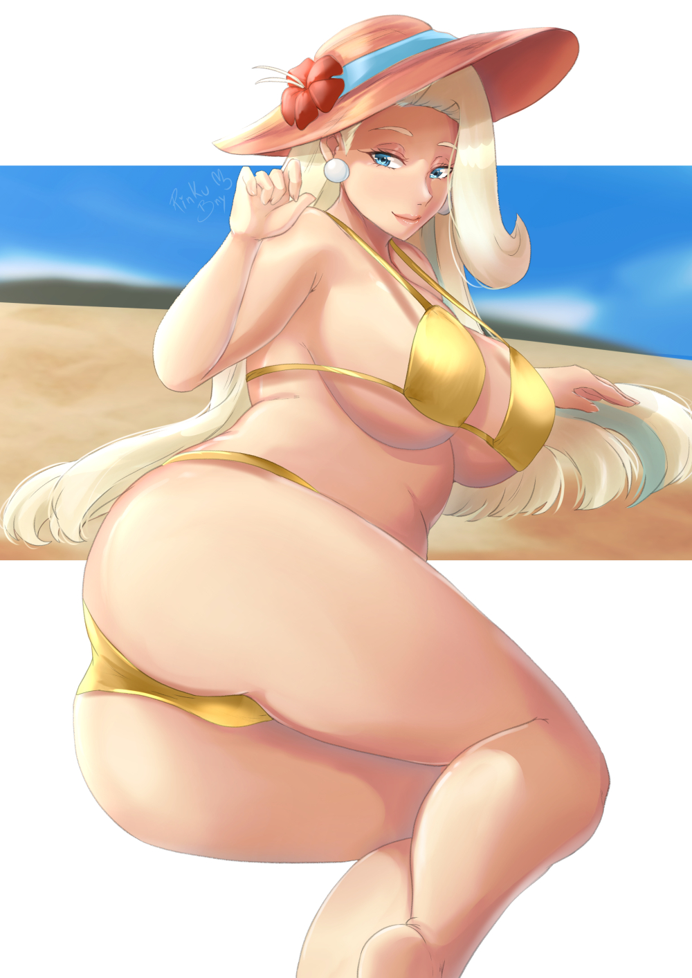 1girls, ass, beach, big ass, big breasts, bikini, bikini bottom, bikini top, blue eyes, bottomwear, breasts, cleavage, ear piercing, earrings, female, female only, game freak, gold bikini, golden bikini, hair, hat, headwear, huge breasts, long hair, mature, mature female, mature woman, melony (pokemon), milf, mother, pokemon, pokemon ss, rinku bny, solo, solo female, swimwear, thighs, topwear, white hair, yellow bikini