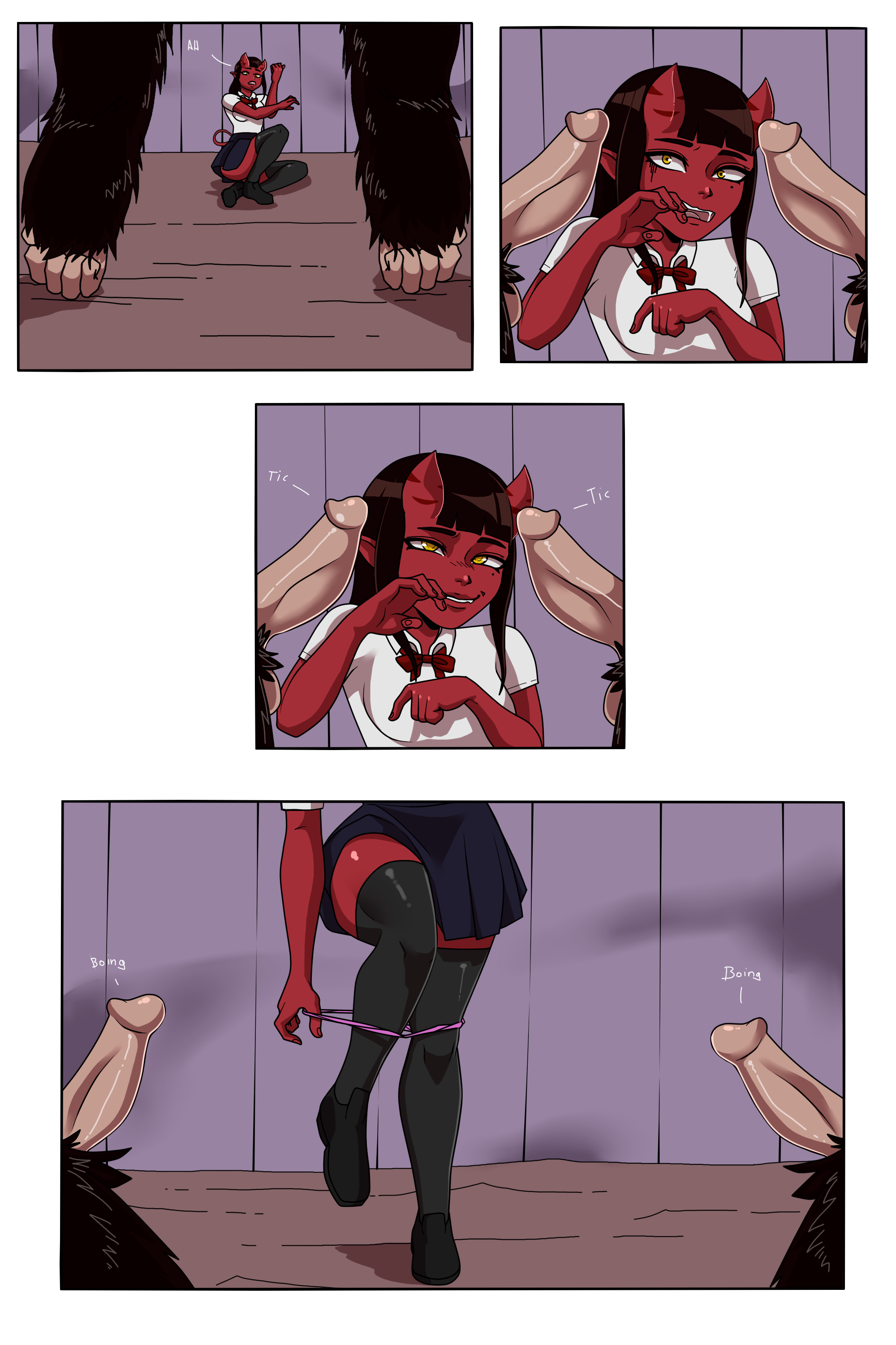 bestiality, comic, comic page, female, gorrilla, horns, male, meru (merunyaa), penis, pink panties, primate, red skin, school uniform, succubus, tail, yonooshi, zoophilia