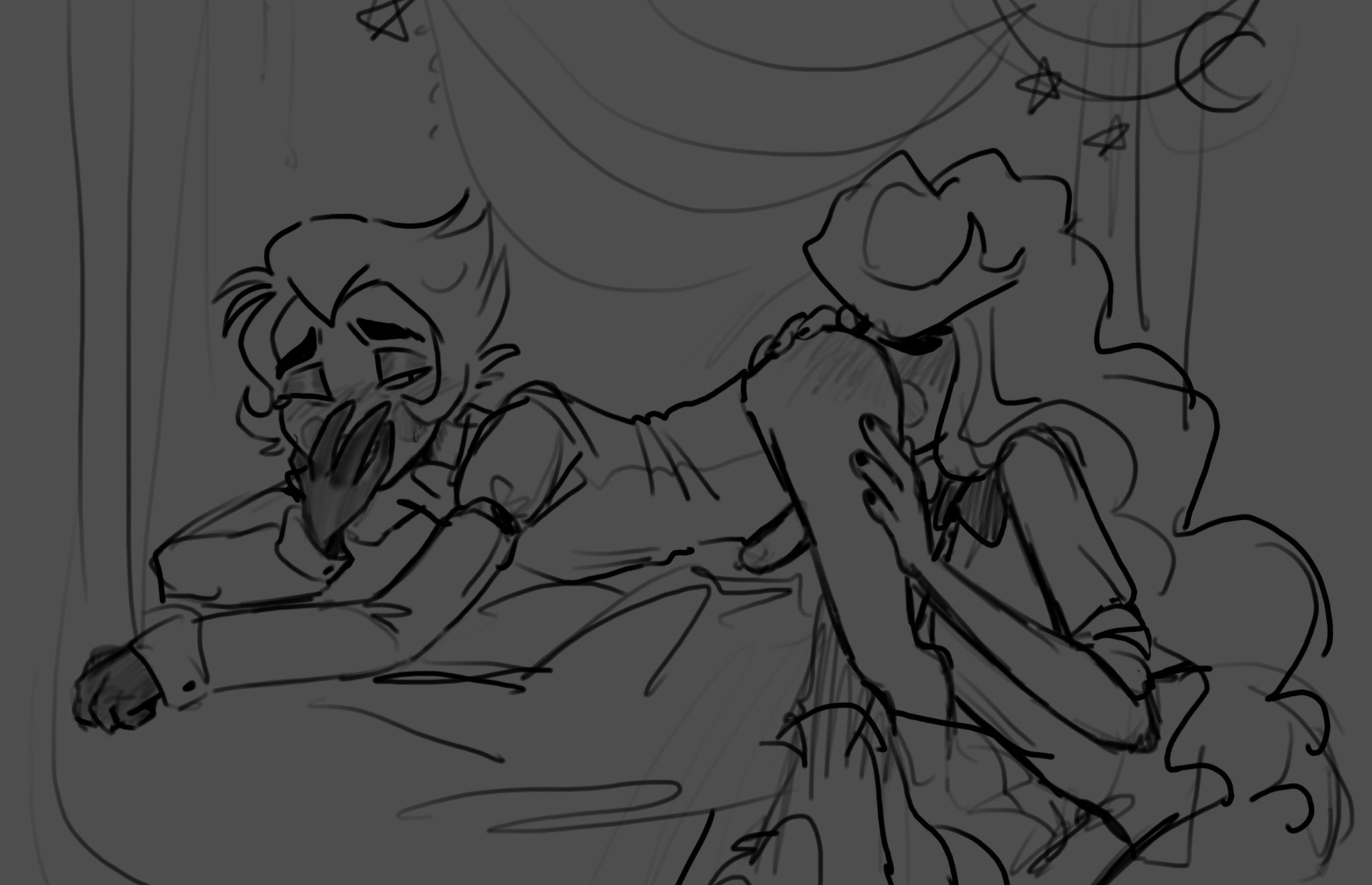 1boy, 1girls, ahe gao, anilingus, anilingus from female, bedroom, black and white, charlie morningstar (hazbin hotel), covering mouth, father and daughter, female, female rimming male, femdom, fully clothed, hazbin hotel, incest, incest (lore), lucifer morningstar (hazbin hotel), male, male/female, malesub, no color, oral, oral sex, rimjob, rimming, rimming male, shadow prince kane, sketch