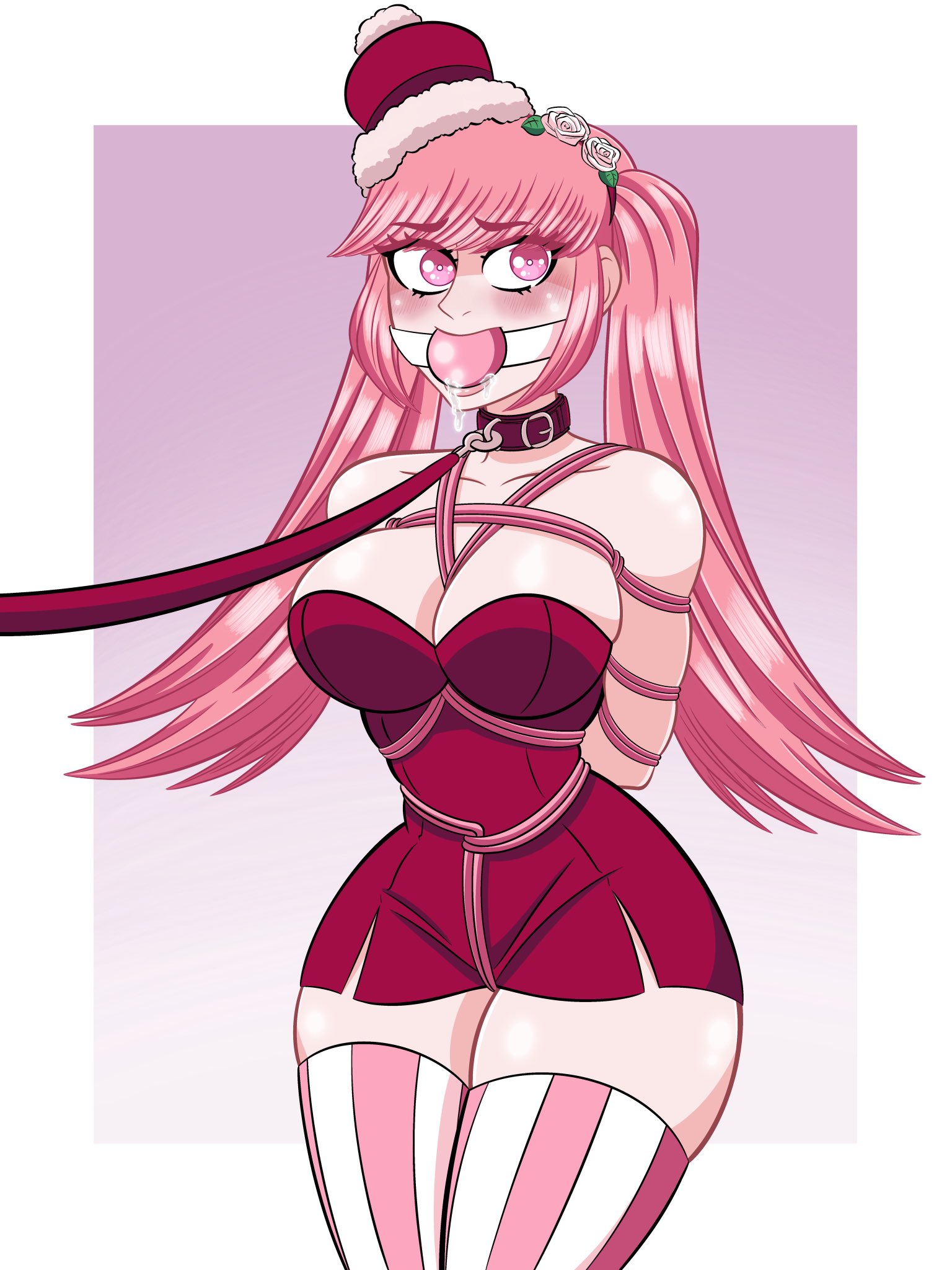 1girls, alternate costume, arms behind back, ball gag, bangs, bare shoulders, bare thighs, bearbuckscoffee, bondage, breasts, christmas, christmas outfit, cleavage, collar, collarbone, drooling, female, female only, femsub, fire emblem, fire emblem heroes, fire emblem: three houses, gag, hat, hilda valentine goneril, hilda valentine goneril (winter), large breasts, leash, long hair, nintendo, official alternate costume, pink eyes, pink hair, saliva, saliva trail, solo, thick thighs, thigh highs, thighs, twintails