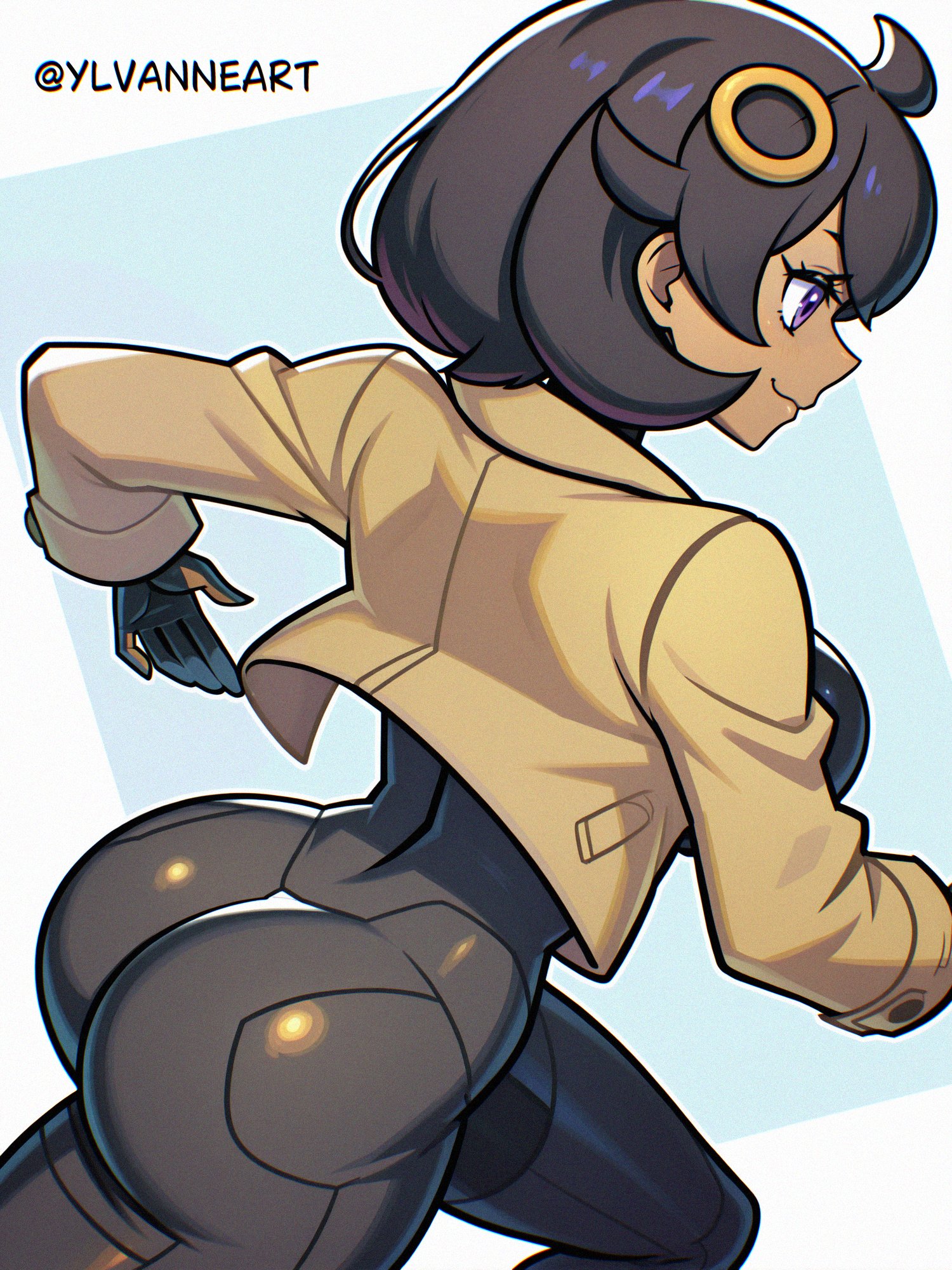 1girls, ai generated, ass, bodysuit, breasts, coat, dark skin, dark-skinned female, emma (pokemon legends: z-a), emma (pokemon), female, female focus, female only, human, jacket, jpeg, large ass, large breasts, looking away, matiere (pokemon legends: z-a), matiere (pokemon), nintendo, pokemon, pokemon legends: z-a, solo, thick thighs, thighs, wide hips, ylvanne