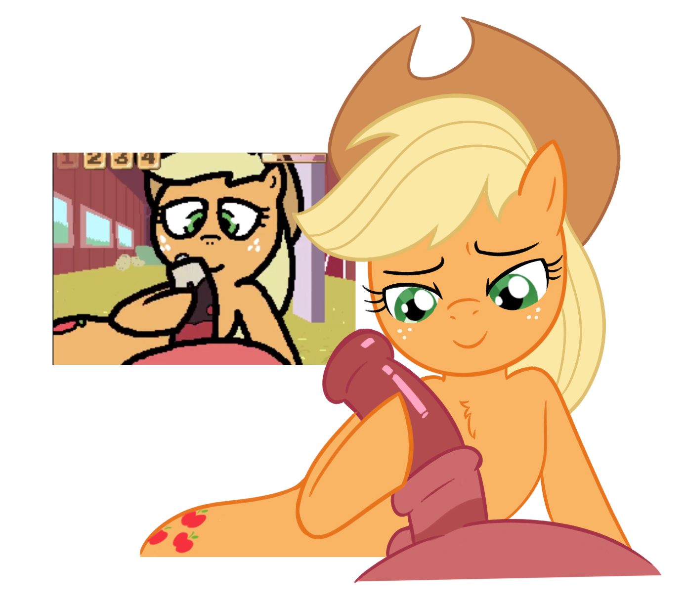1boy, 1girls, 2d, accurate art style, animal, animal genitalia, animal penis, applejack (mlp), banned from equestria, big brian, big penis, color, digital media (artwork), female, feral, handjob, male, mukoarto, my little pony, on model, penis, pony, sex, smile, straight