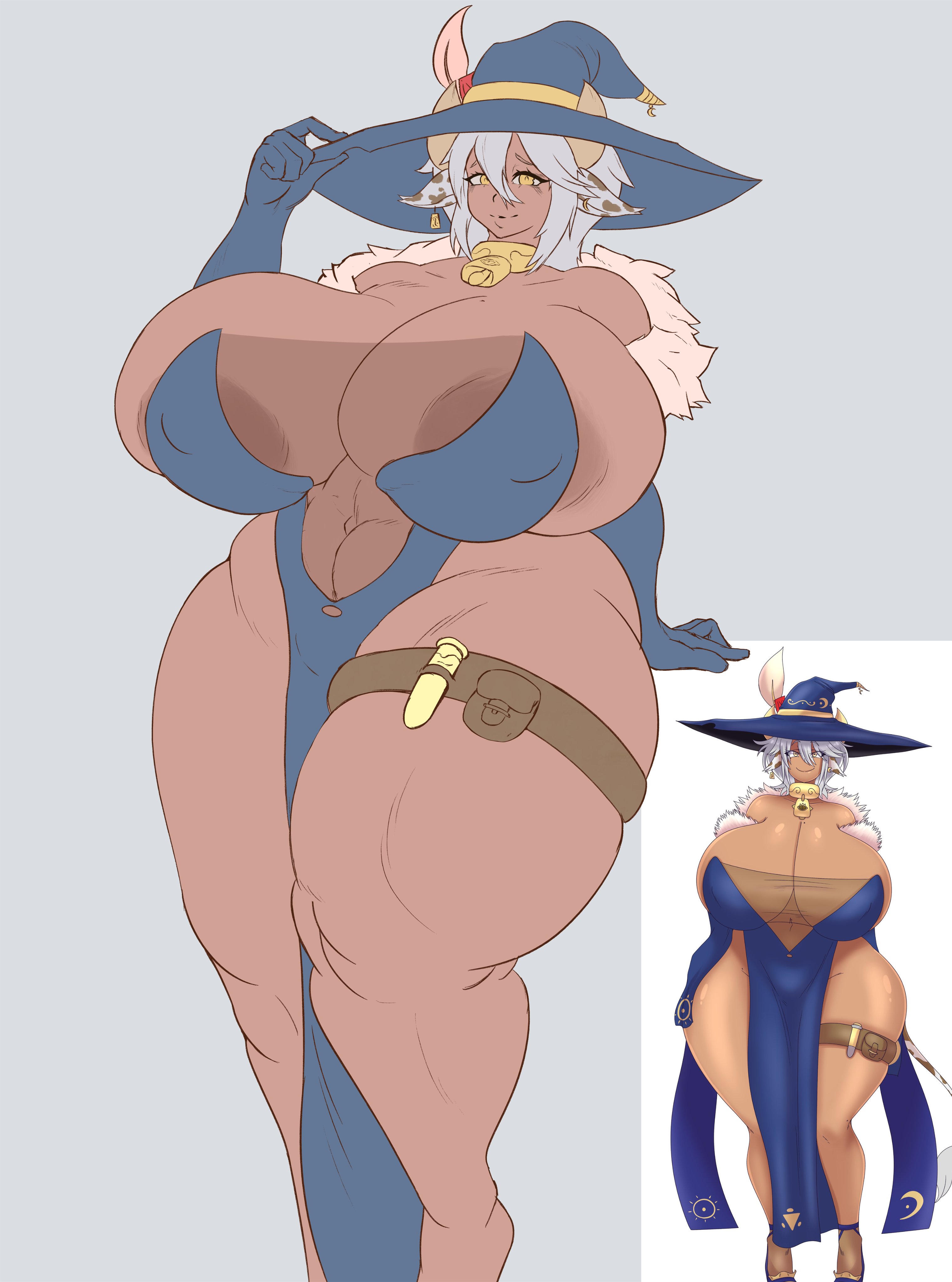 1girls, areola slip, big breasts, breasts, breasts bigger than head, color, colored, cow ears, cow girl, cow tail, cowbell, cute birdd, dark skin, dark-skinned female, female, female focus, female only, flat colors, gloves, grabbing hat, hazel (crysnickel), hyper breasts, large breasts, looking at viewer, massive areolae, massive breasts, reference image, solo, solo female, solo focus, tan skin, tan skinned female, voluptuous, voluptuous female, white hair, white hair female