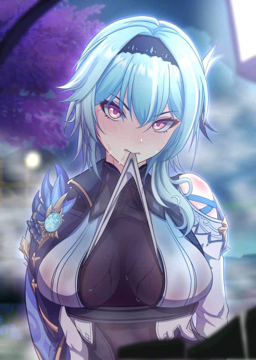absurdres, bangs, black hairband, black headband, black leotard, blue cape, blue hair, blush, breasts, cape, clothing cutout, eula (genshin impact), eyebrows visible through hair, female, genshin impact, hairband, headband, highres, leotard, looking at viewer, lsyzang, medium hair, shoulder cutout, solo, tagme, teeth hold, upper body, yellow eyes