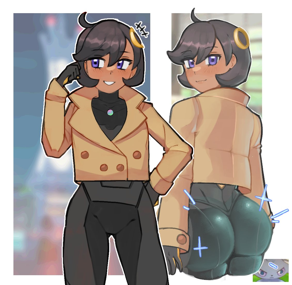 1girls, ass, bodysuit, coat, dark skin, dark-skinned female, emma (pokemon legends: z-a), emma (pokemon), espurr, female, female focus, female only, game freak, human, human focus, jacket, johnpizza, large ass, looking at viewer, looking back, matiere (pokemon legends: z-a), matiere (pokemon), nintendo, nyasper, pokemon, pokemon (species), pokemon legends: z-a, solo, tight clothing, tomboyish