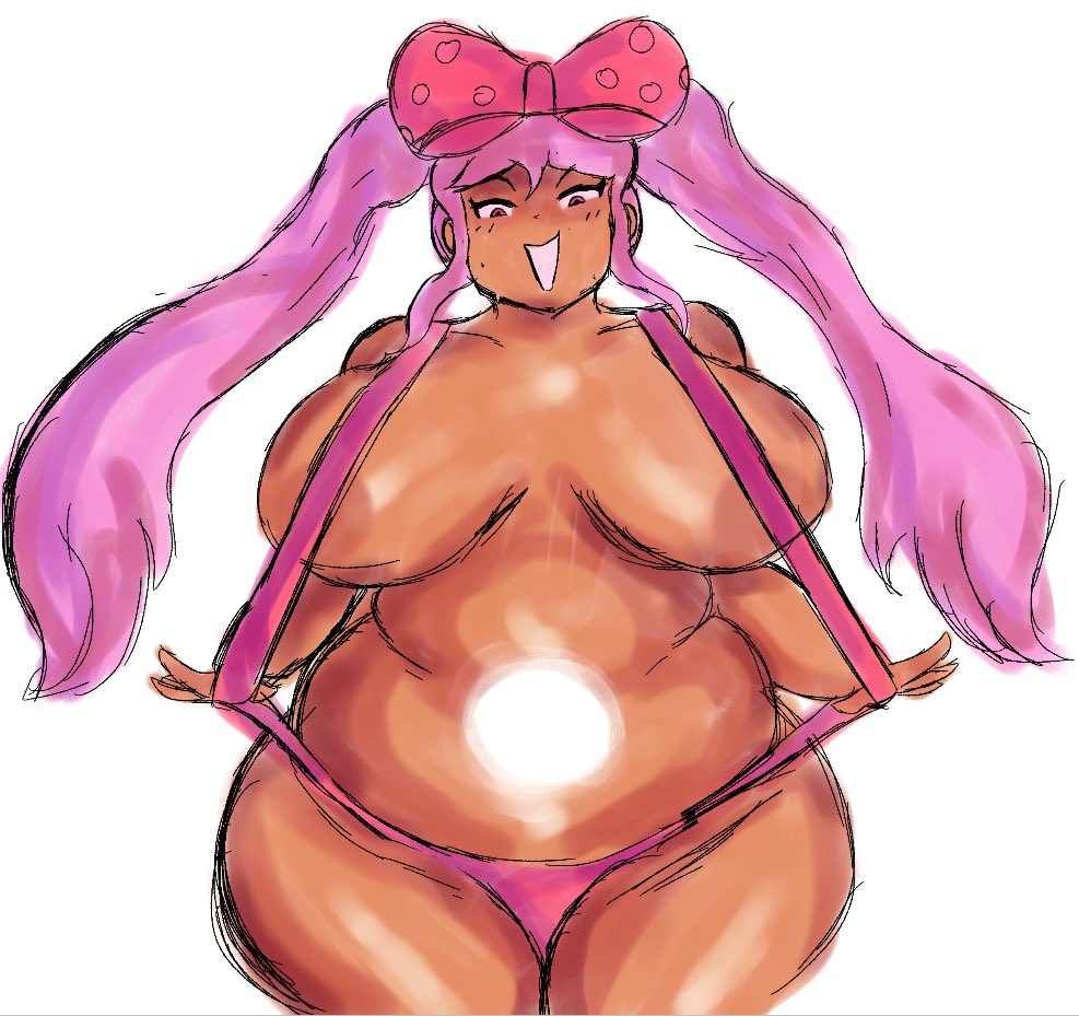 big belly, big breasts, big thighs, bow, breasts, chubby, chubby female, female, huge breasts, huge thighs, milkatonal, omori, pink eyes, pink hair, solo, sweetheart (omori), tagme, thick thighs, thighs, twintails