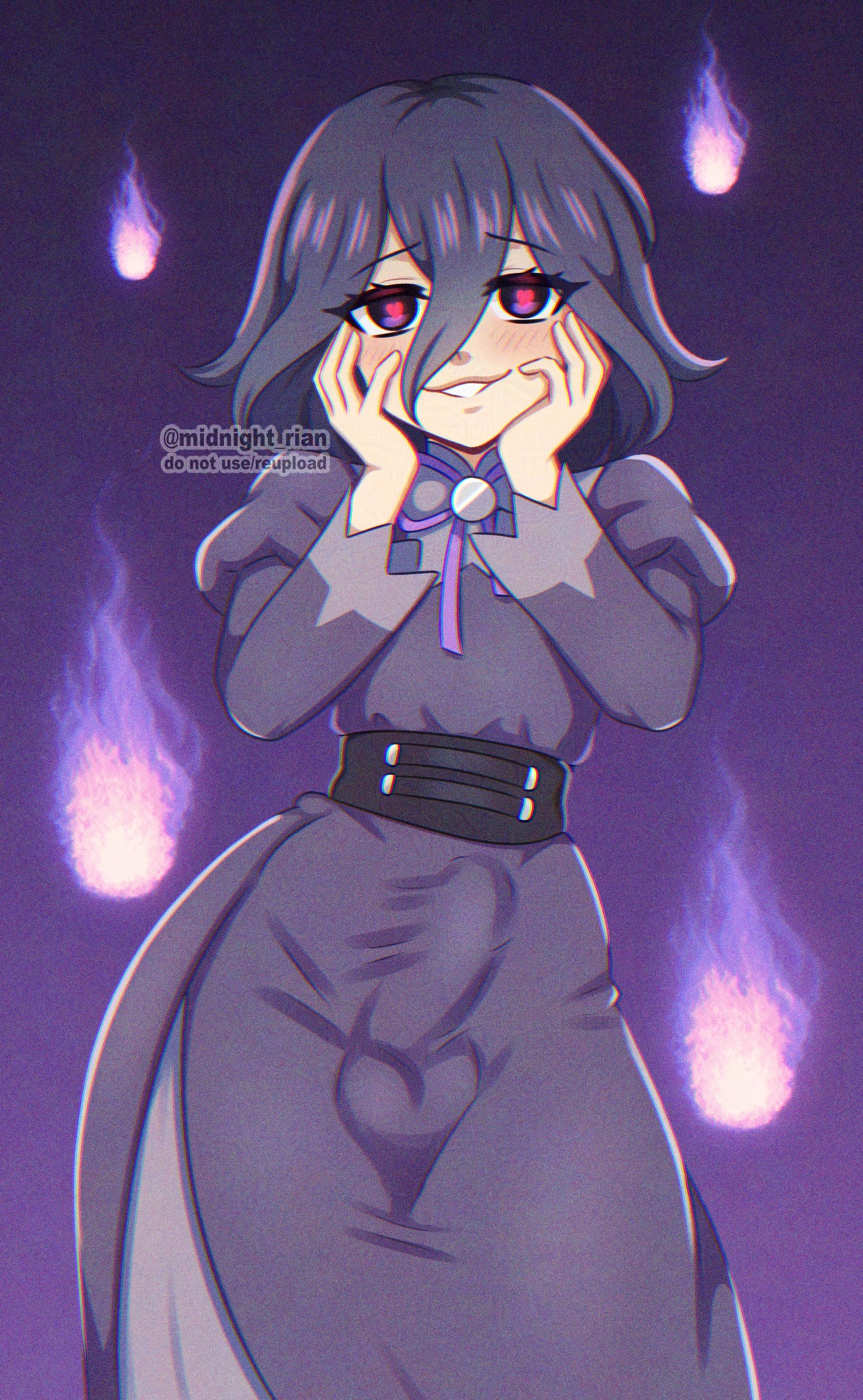 1boy, 2d, 2d (artwork), 2d artwork, balls, balls visible through clothing, bulge, bulge through clothing, bulge under clothes, clothing, crossdressing, digital drawing (artwork), digital media (artwork), dress, erect penis, erection, erection under clothes, femboy, femboy only, feminine, flame, game freak, genderswap, girly, hair, hands on cheeks, heart-shaped pupils, hex maniac, hex maniac (pokemon legends: z-a), hexboy maniac, male, male only, midnight rian, penis, pokemon, pokemon legends: z-a, purple dress, purple eyes, purple hair, rule 63, short hair, smile, solo, solo femboy, trap