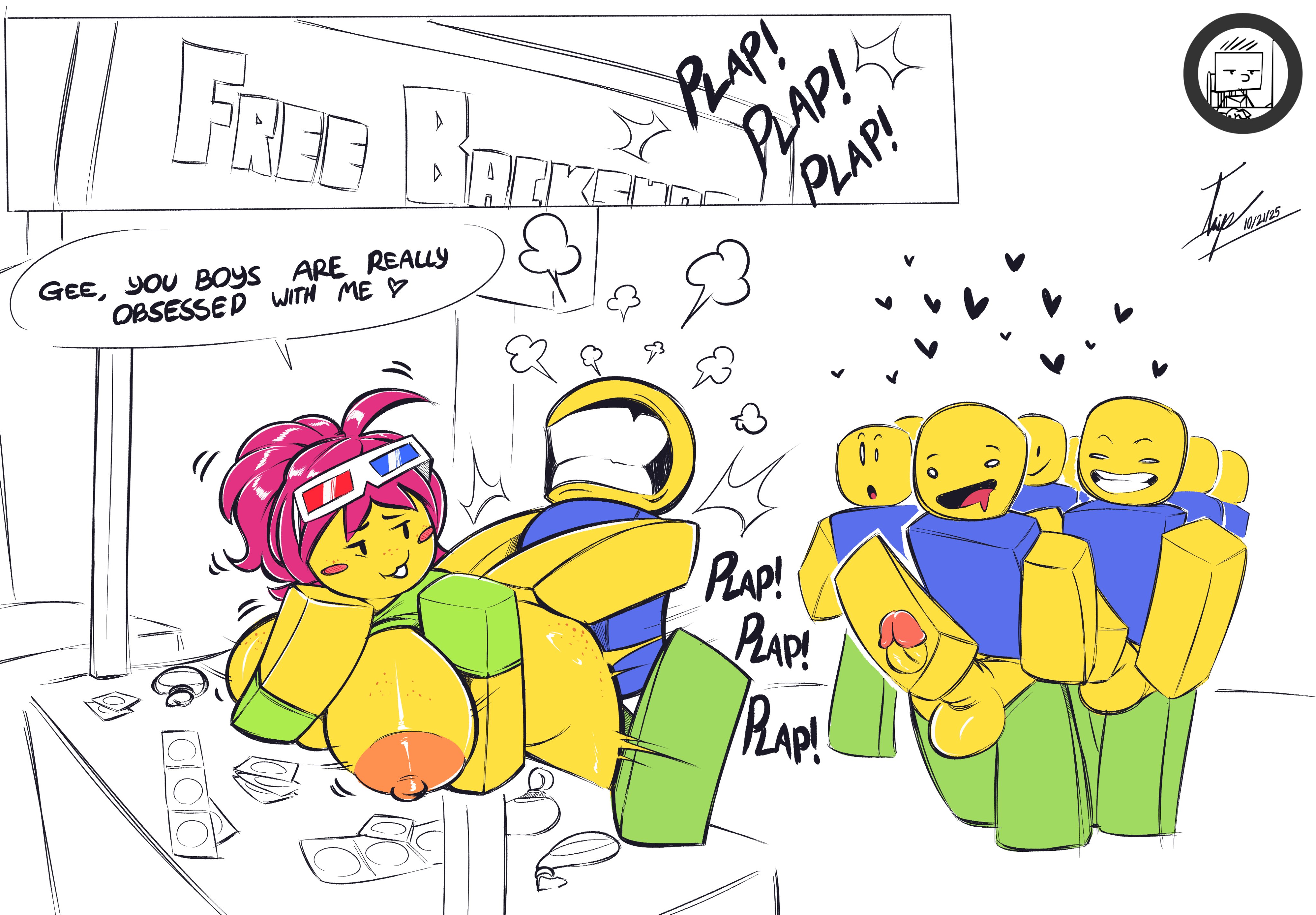1girls, 3d glasses, angrydiaper123, areolae, ass, balls, big ass, big breasts, big penis, big thighs, blocky body, blushing, breasts, chloe (angrydiaper123), cock, color, condom, condom balloon, condom packet strip, cum, dialogue, duo, english text, female, female focus, filled condom, glasses, green t-shirt, group, heart, heart symbol, horny, huge breasts, huge cock, ierdnadx, line, lined up, madpaper, male, masturbation, motion lines, multiple boys, multiple males, nipples, noob, noob (roblox), onomatopoeia, original character, penis, penis in pussy, pink hair, plap, plap (sound), plapping, prostitute, prostitution, pussy, roblox, roblox avatar, roblox game, robloxian, running a train, sex, shocked, smile, speech bubble, stand, straight, straight sex, tagme, taken from behind, text, thighs, twitter link, watermark, yellow body, yellow skin
