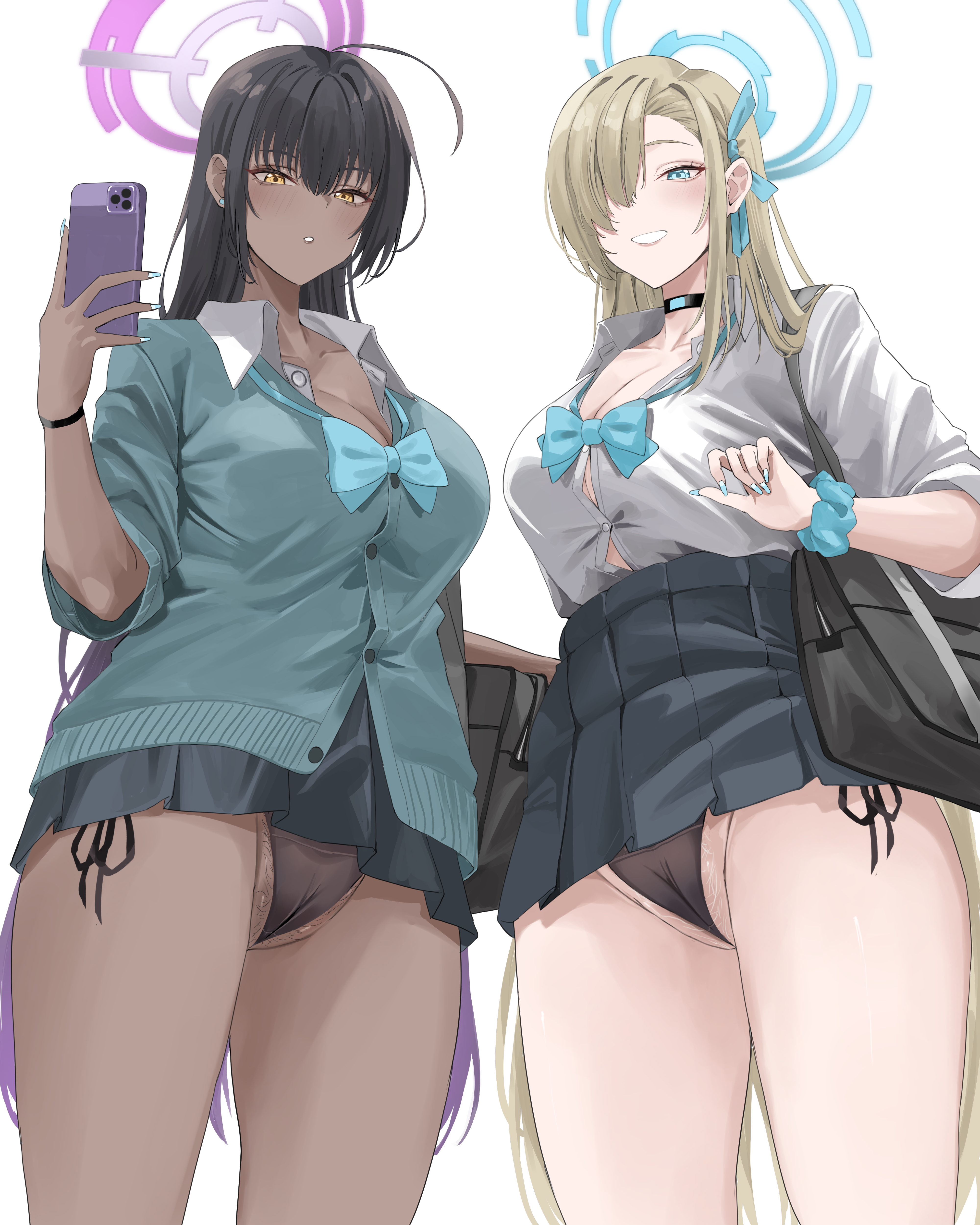 2girls, absurdres, aqua bow, aqua bowtie, asuna (blue archive), asuna (school uniform) (blue archive), bag, black hair, black skirt, blonde hair, blue archive, blue cardigan, blue eyes, blue scrunchie, blue sweater, bow, bowtie, breasts, cameltoe, cardigan, cellphone, cleaning & clearing (blue archive), dark skin, dark-skinned female, female, female pubic hair, gyaru, halo, highres, karin (blue archive), karin (school uniform) (blue archive), kogal, large breasts, long hair, loose bowtie, millennium science school student, miz blank, multiple females, multiple girls, official alternate costume, panties, partially visible vulva, phone, pleated skirt, pubic hair, pubic hair peek, purple halo, pussy, school bag, school uniform, scrunchie, side-tie panties, skirt, sweater, unbuttoned, unbuttoned shirt, underwear, very long hair, yellow eyes