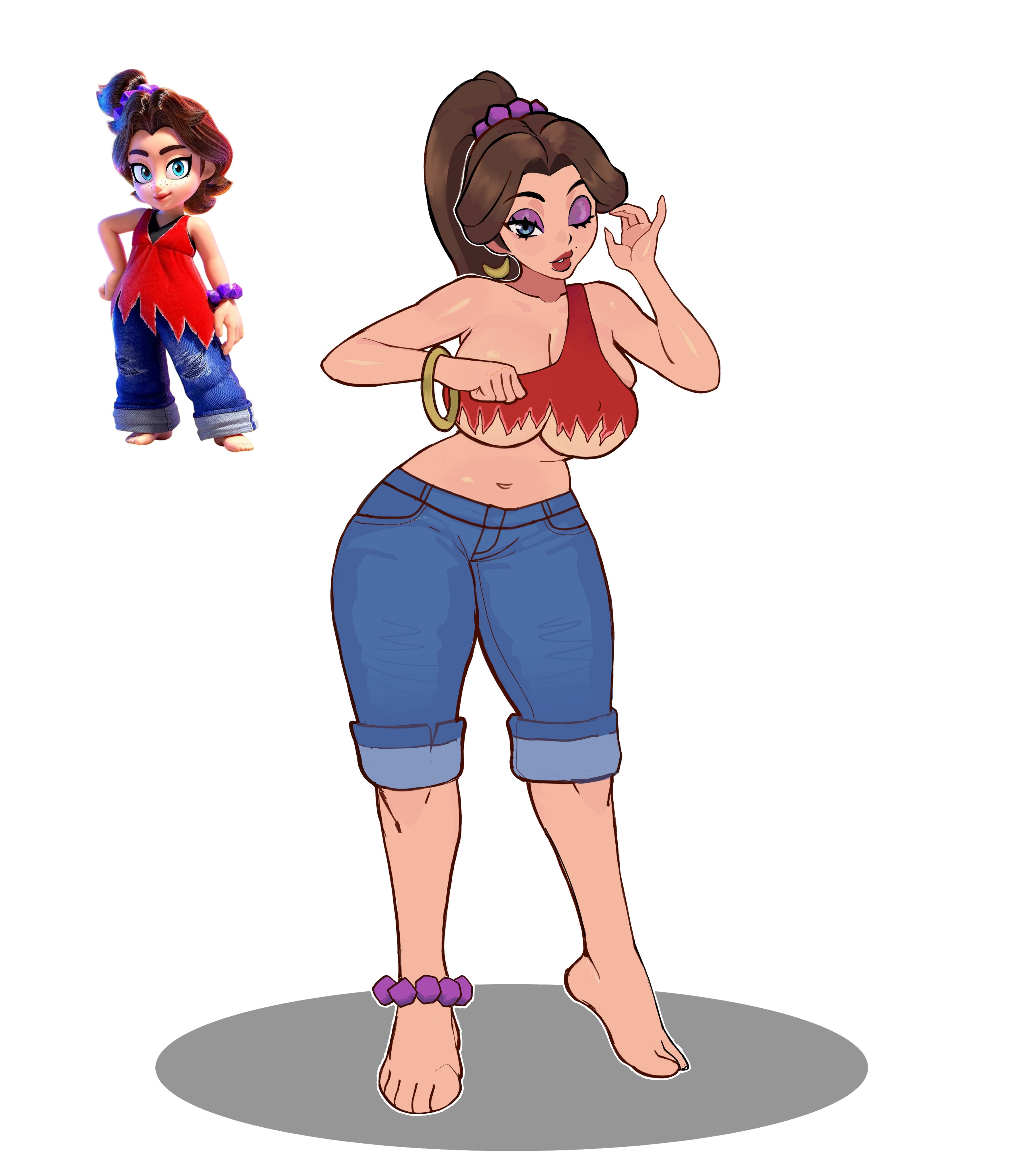 1girls, 2knsfw1, aged up, big breasts, breasts, donkey kong (series), donkey kong bananza, female, jeans, mario (series), nintendo, pauline, red shirt, solo, solo female, wink, winking at viewer