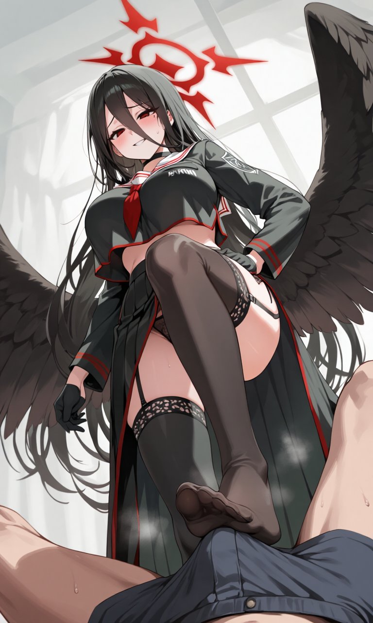 1boy, 1girls, ai generated, black hair, blue archive, blush, breasts, female, foot fetish, footjob, footwear, halo, hasumi (blue archive), huge breasts, legwear, long hair, male, panties, penis, pov, sorapixaiii, steam, stepped on, stepping on penis, sweat, sweatdrop, thick thighs, thighs, wings