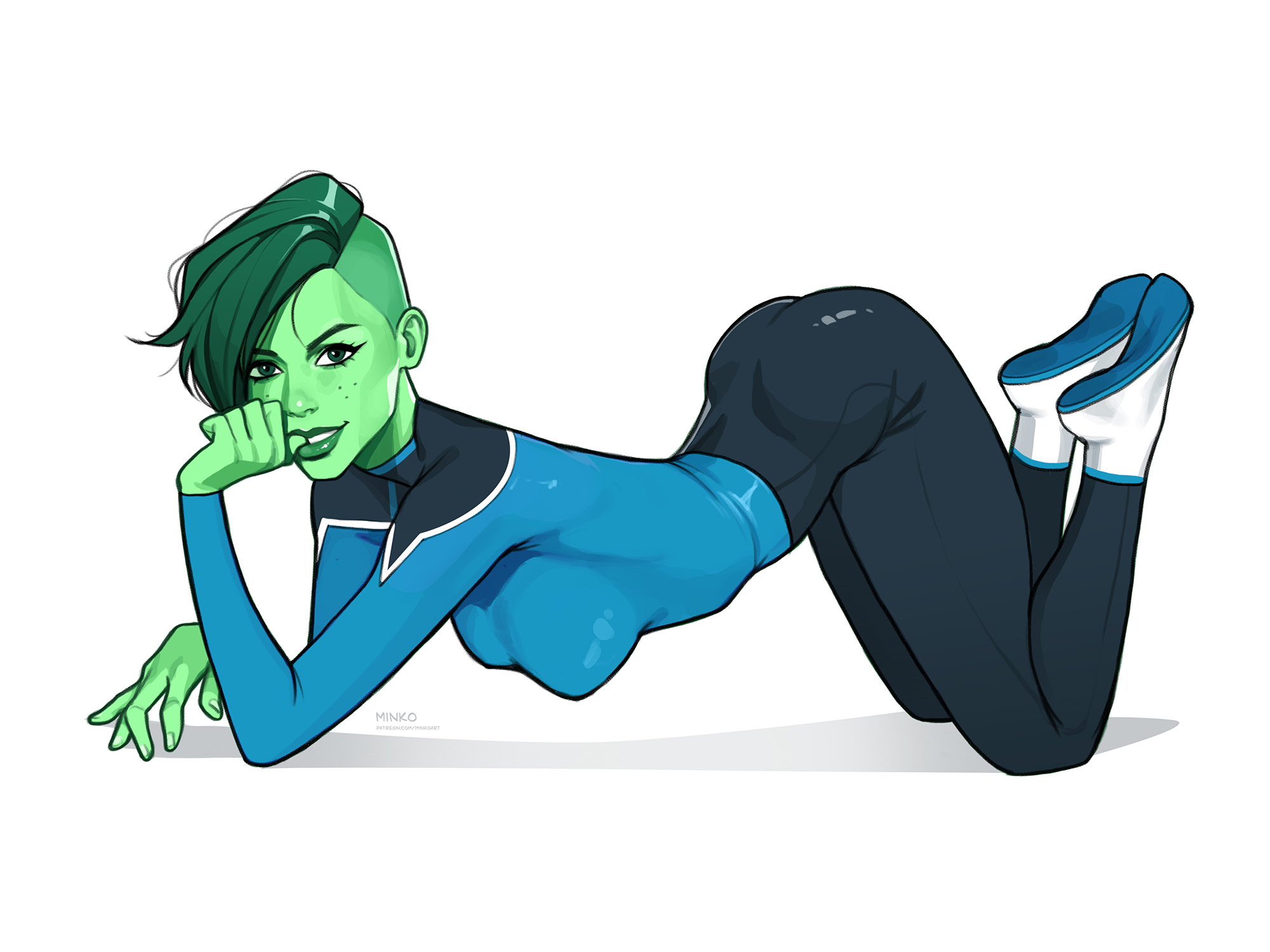 1female, 1girls, 1woman, 2d, alien, alien girl, all fours, ass, ass up, big breasts, biting thumb, breasts, d'vana tendi, dat ass, female, female only, hanging breasts, looking at viewer, minko, orion (species), smooth skin, solo, solo female, solo focus, solo woman, star trek, star trek lower decks, starfleet uniform