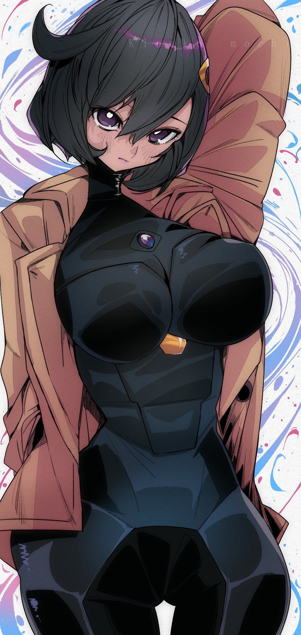 1girls, ass, ass visible through thighs, bodysuit, breasts, coat, dakimakura design, dark skin, dark-skinned female, emma (pokemon), female, female focus, female only, game freak, human, human only, jacket, jpeg, large breasts, looking at viewer, matiere (pokemon legends: z-a), matiere (pokemon), nintendo, omochi db, pokemon, pokemon legends: z-a, posing, solo, tomboyish