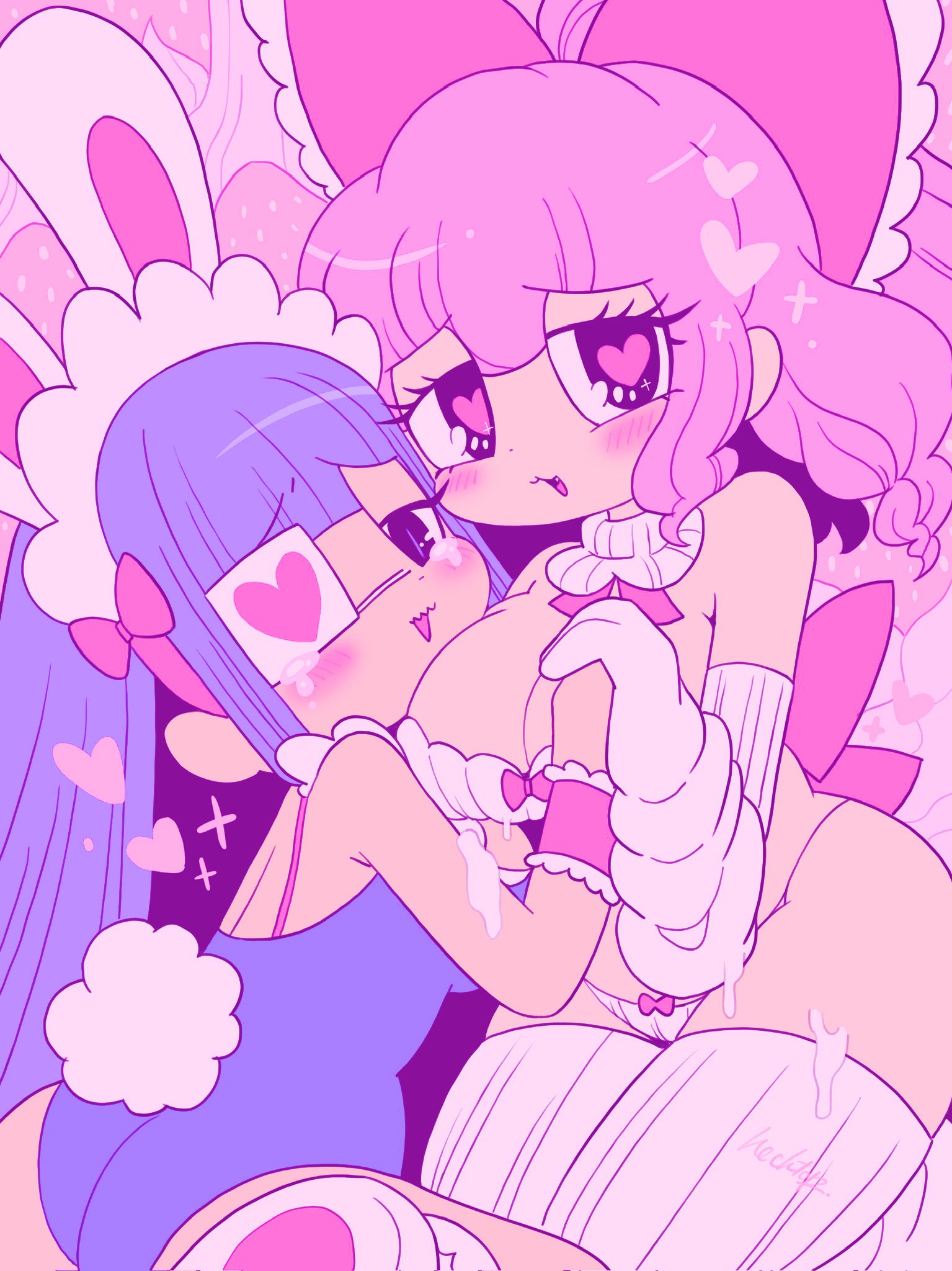 2girls, blue hair, blush, bunnysuit, chibi, cum, eyepatch, female, heart-shaped pupils, hecktopr18, holding hands, kuu-chan, pink hair, ribbon, ribbons, sisters, tears, teary eyes, tororin, tororin time (hecktopr18)