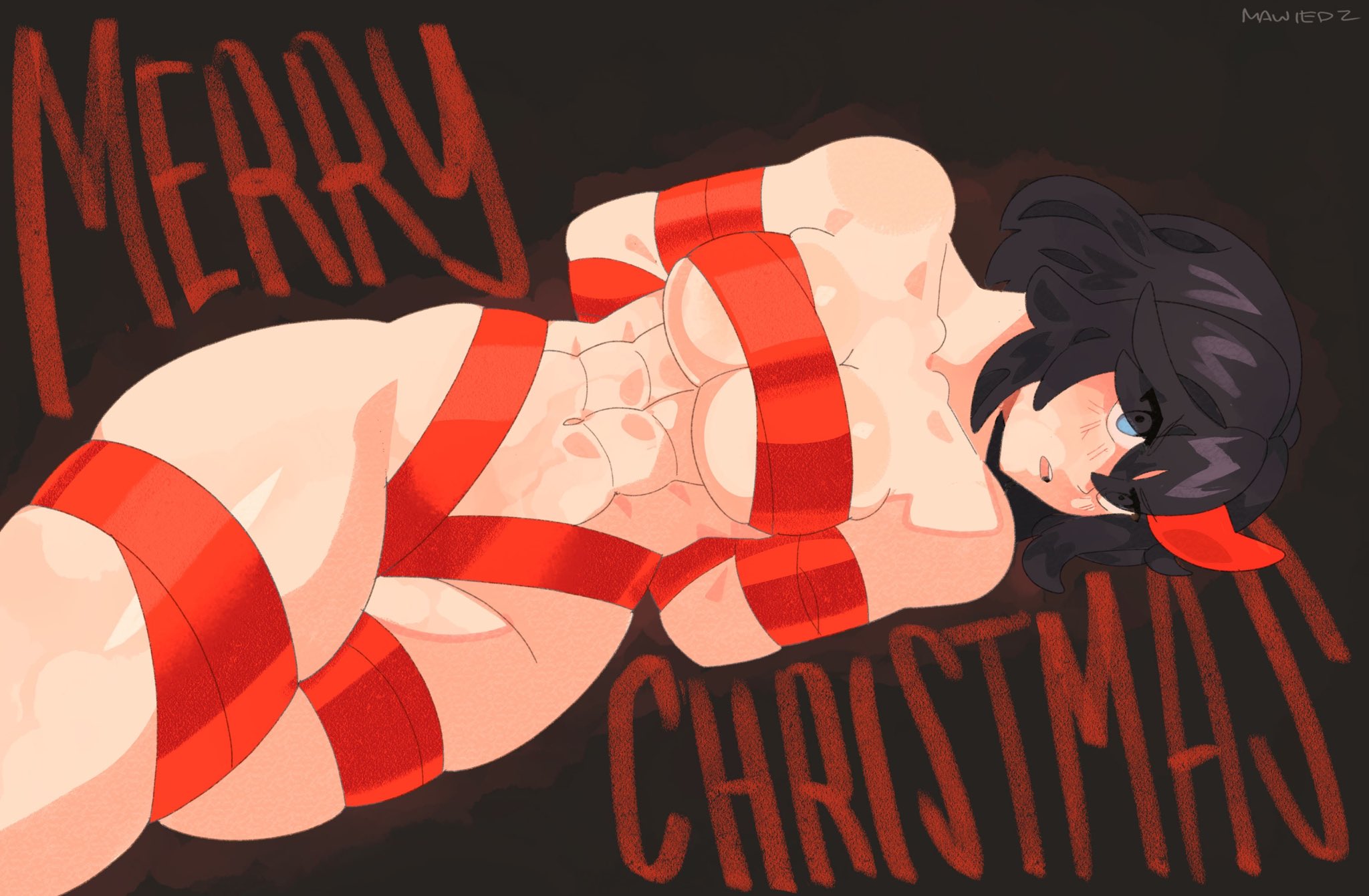 1girls, abs, arms behind back, artist signature, big breasts, blue eyes, blush, bondage, breasts, english text, eyebrows visible through hair, eyes visible through hair, female, female only, female protagonist, femsub, hi res, kill la kill, looking at viewer, matoi ryuuko, mawiedz, merry christmas, muscular, muscular female, muscular sub, open mouth, red strand of hair, ribbon, short hair, simple background, skindentation, text, thick thighs, two-tone hair