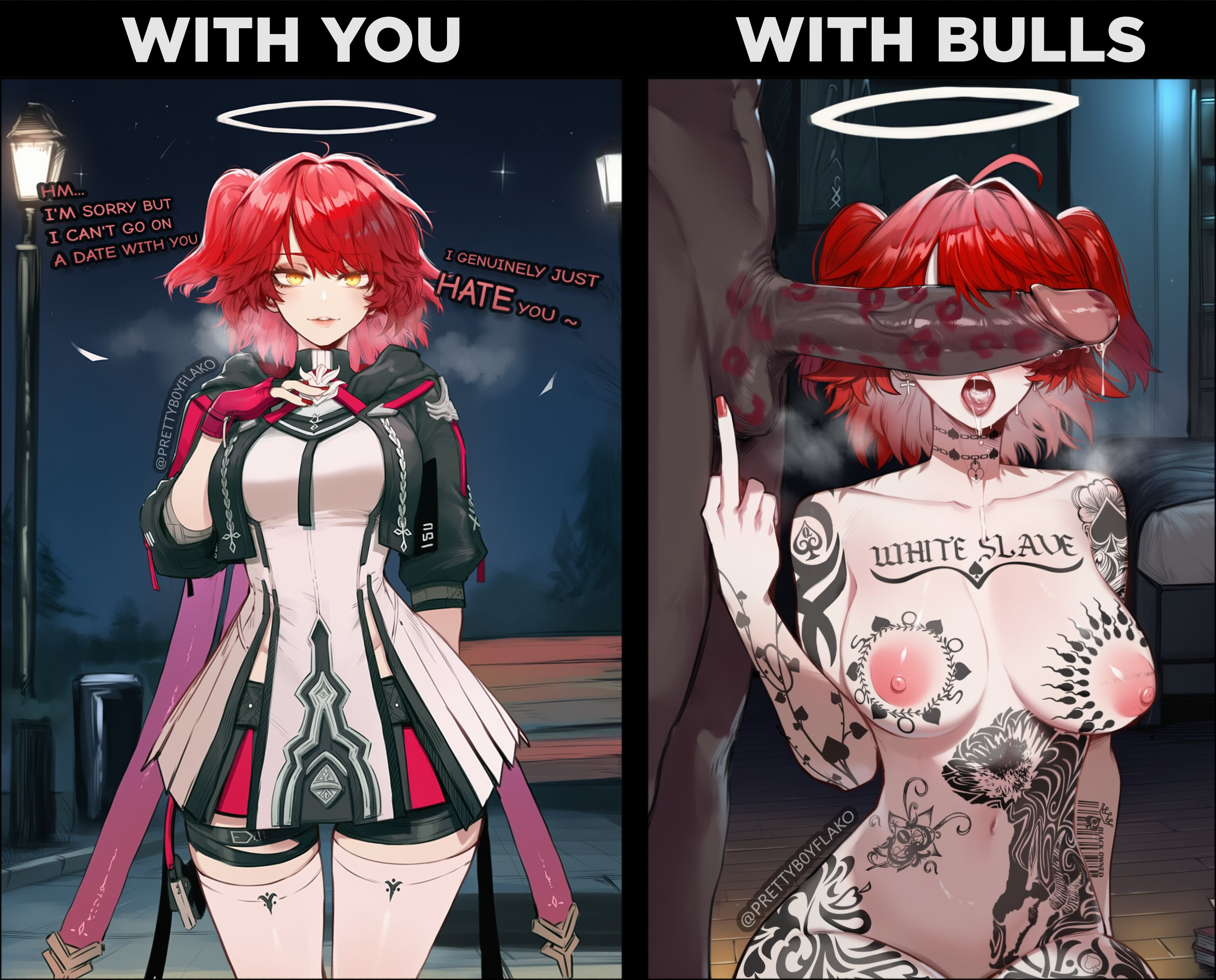 1girls, ai generated, angel, angel girl, arknights, bed, cock over eyes, cuckold, dark-skinned male, disgusted, exusiai (arknights), exusiai the new covenant (arknights), female, halo, hickey, male, night, penis, penis on face, religious clothing, tattoos