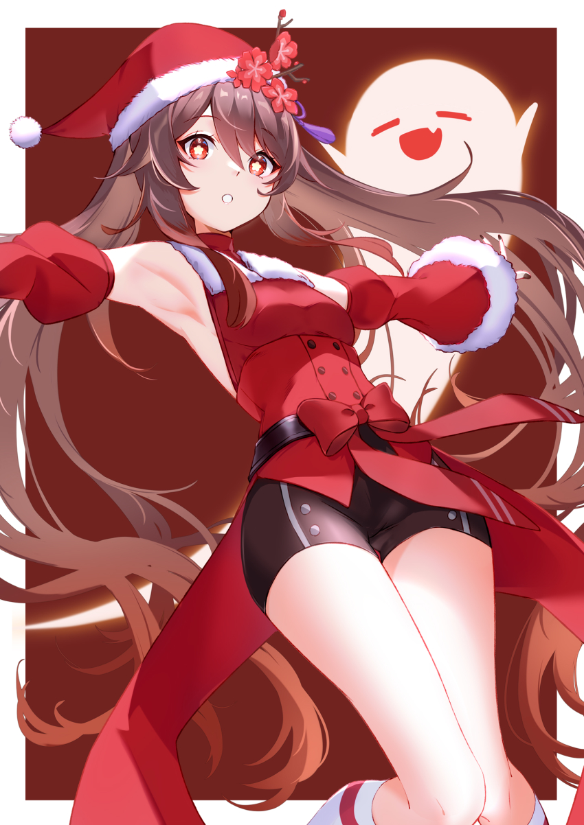 black_shorts brown_hair christmas detached_sleeves female floating_hair flower genshin_impact ghost gradient_hair hair_flower hair_ornament hat highres hu_tao_(genshin_impact) legs long_hair multicolored_hair parted_lips red_eyes red_hair santa_costume santa_hat shorts solo tagme thighs twintails tyenka7728 very_long_hair