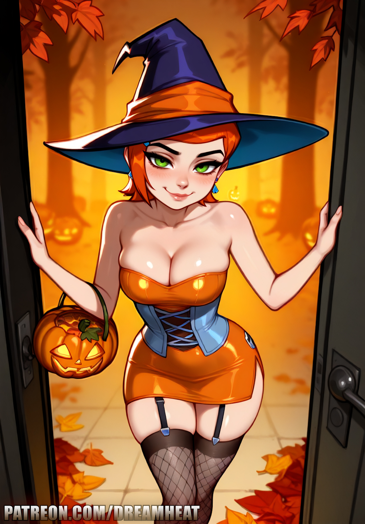 1girls, ai generated, autumn, autumn leaves, ben 10, big breasts, breasts, dreamheat, earrings, female, fishnet thighhighs, forest, green eyes, gwen tennyson, halloween, halloween costume, jack o' lantern, orange dress, red hair, short hair, solo, thighhighs, witch costume, witch hat