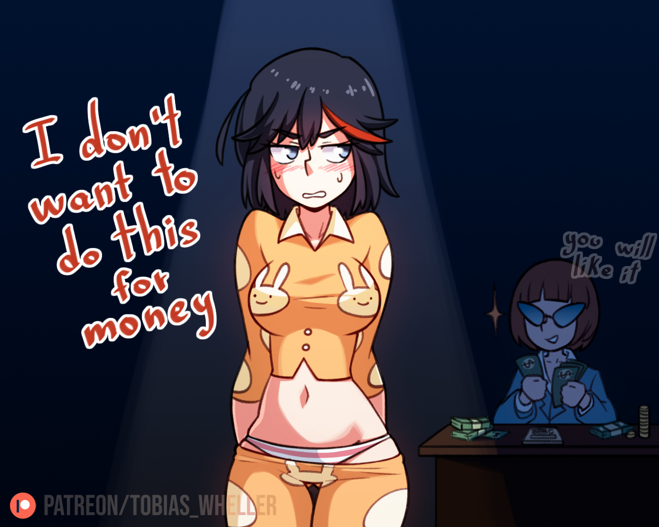 1girls, 2girls, aqua eyes, belly, black hair, black-haired female, blush, embarrassed, english text, female, female only, hands behind back, implied prostitution, kill la kill, looking away, mankanshoku mako, matoi ryuuko, midriff, navel, pajamas, pajamas pull, panties, prostitution, red strand of hair, short hair, striped panties, sweating, text, tobias wheller