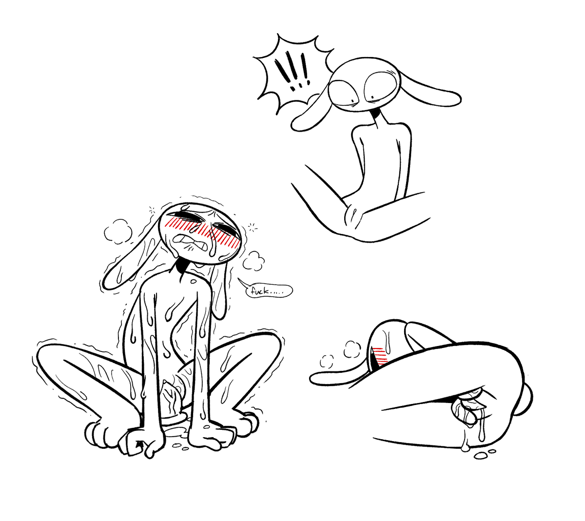 1boy, anthro, blush, bunny boy, cuntboy, dialogue, dildo, fingering, glitch productions, intersex, jax, jax (tadc), jax (the amazing digital circus), male, no color, pussy, rabbit, riding dildo, solo, sweat, the amazing digital circus, white background