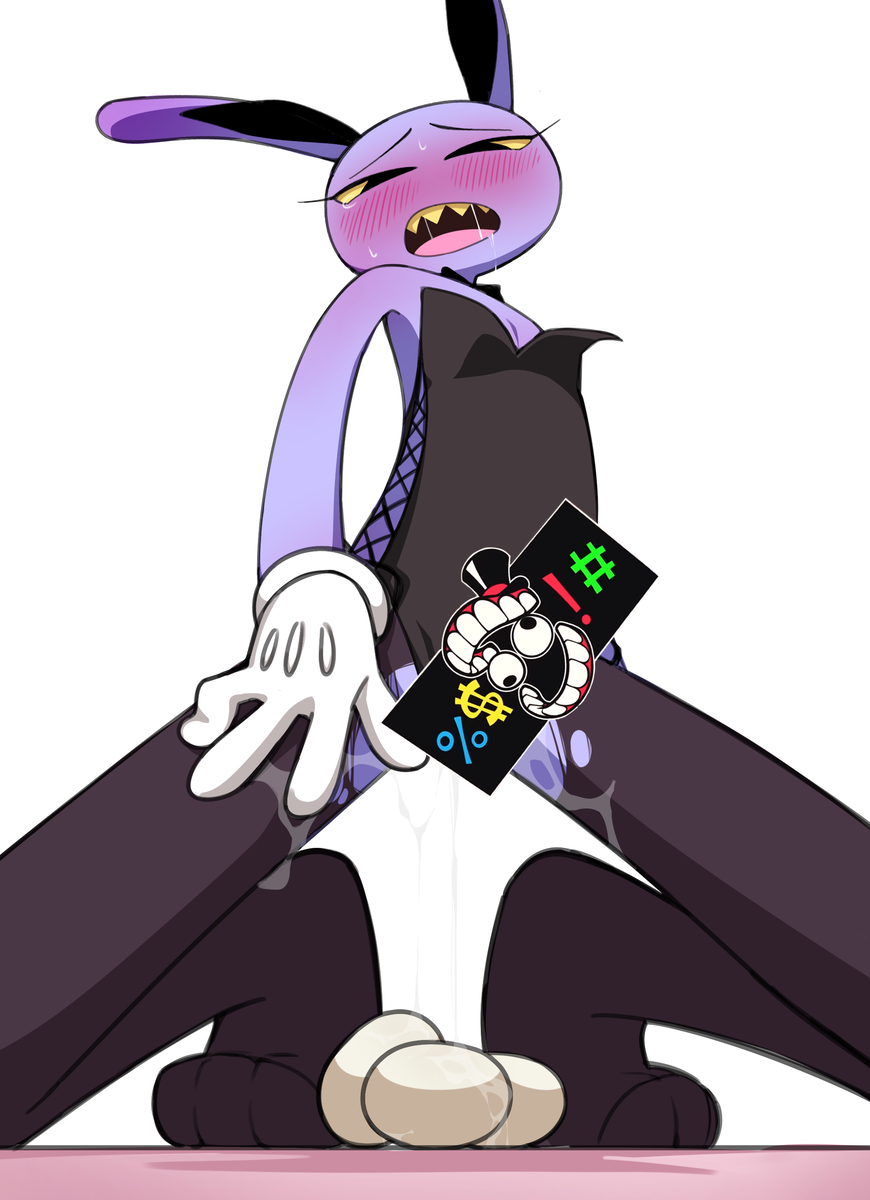 1boy, blush, bunny boy, bunnysuit, censored, censored penis, egg laying, eggs, eyeliner, femboy, glitch productions, implied pregnancy, jax, jax (tadc), jax (the amazing digital circus), male, male only, penis, rabbit, sharp teeth, solo, solo male, the amazing digital circus, unnecessary censorship, white background, white gloves, yellow sclera