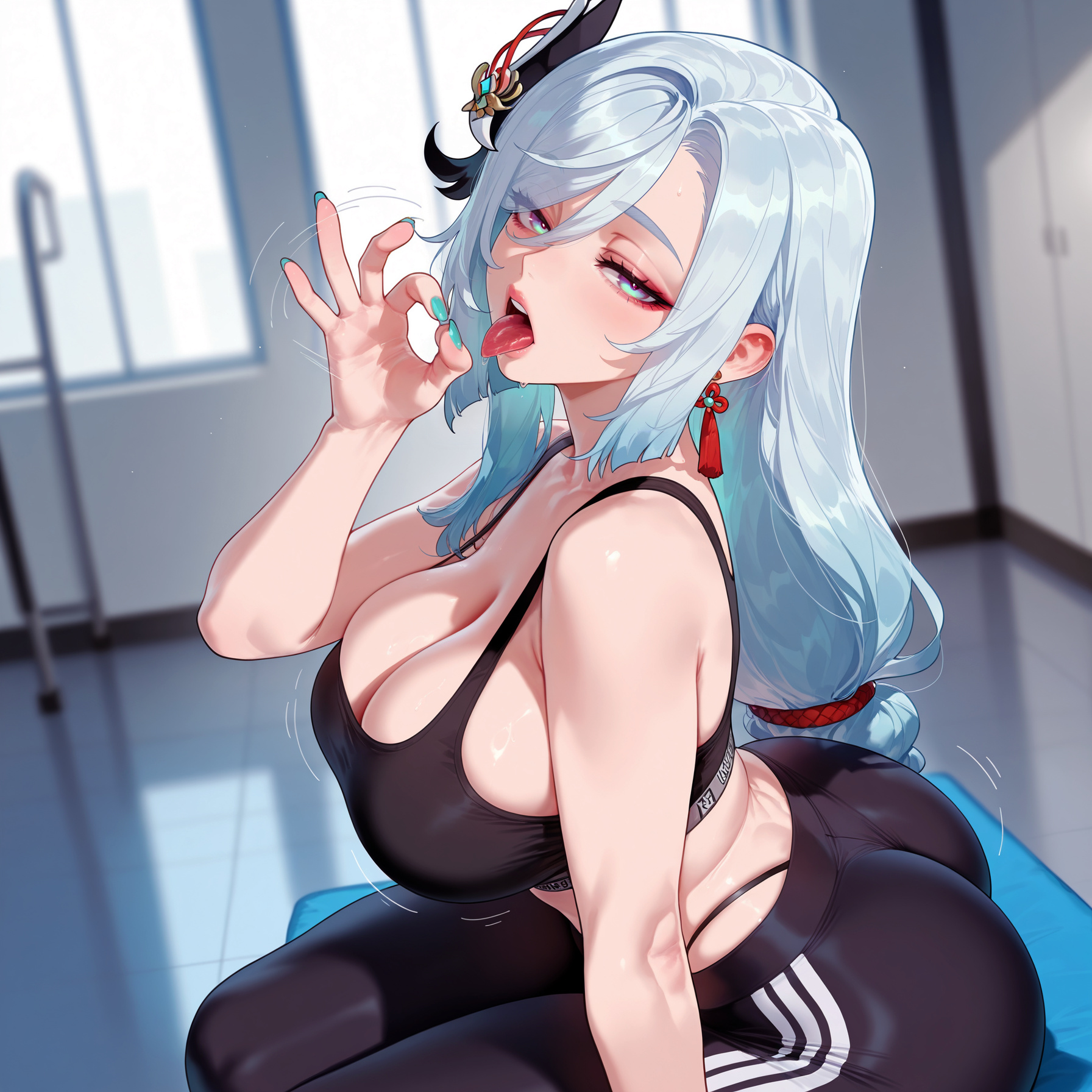 1girls, ai generated, alternate costume, ass, balecxi, bangs, bare shoulders, bench, black pants, black sports bra, blue eyes, blue nails, blush, bra, braid, breasts, cleavage, clothing, curvaceous, curvaceous female, curvaceous figure, curvy, curvy figure, earrings, fellatio gesture, female, female focus, female only, genshin impact, grey hair, gym, gym clothes, gym uniform, hair ornament, hair over one eye, highleg, highleg panties, hoyoverse, huge ass, indoors, inviting, jewelry, large breasts, long hair, looking at viewer, mihoyo, motion lines, nail polish, open mouth, oral invitation, panties, pants, panty straps, patreon username, presenting, presenting ass, presenting breasts, presenting hindquarters, presenting self, saliva, seductive, seductive look, seductive smile, shenhe (genshin impact), sitting, solo, sports bra, tassel, tassel earrings, thighs, thong, tongue, tongue out, underwear, very long hair, voluptuous, voluptuous female, white hair, yoga pants